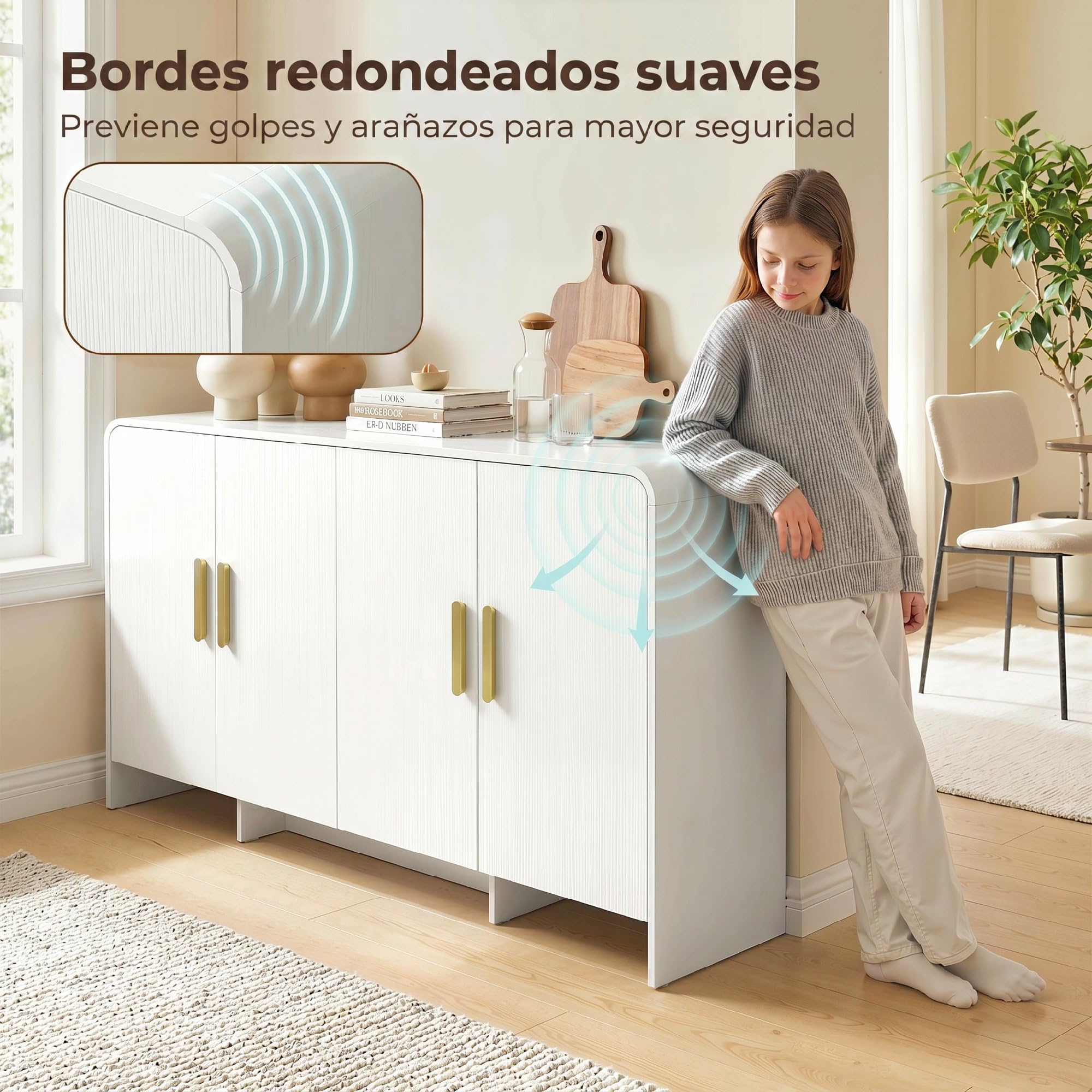 HOMCOM Aparador de Cocina, Armario de Cocina con 4 Estantes, 4 Puertas de Cierre Suave, Bordes Redondeados, Aparador para Comedor, Mueble para TV de 72 Pulgadas, 152x40x80 cm, Blanco
