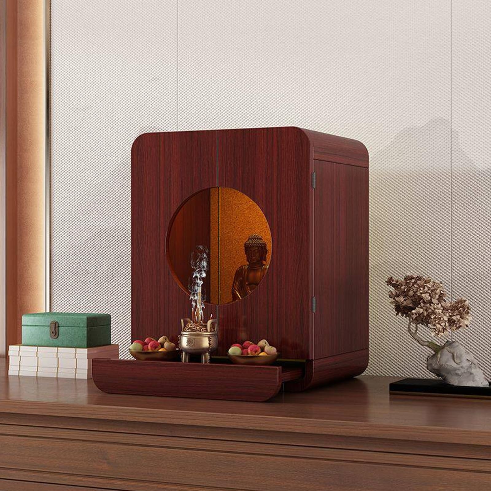 JNTFNE Modern Minimalist Buddhist Shrine Altar Table for Home, Wood Buddha Cabinet with Drawer & LED Light Guanyin, God of Wealth(Teak-B,Large)
