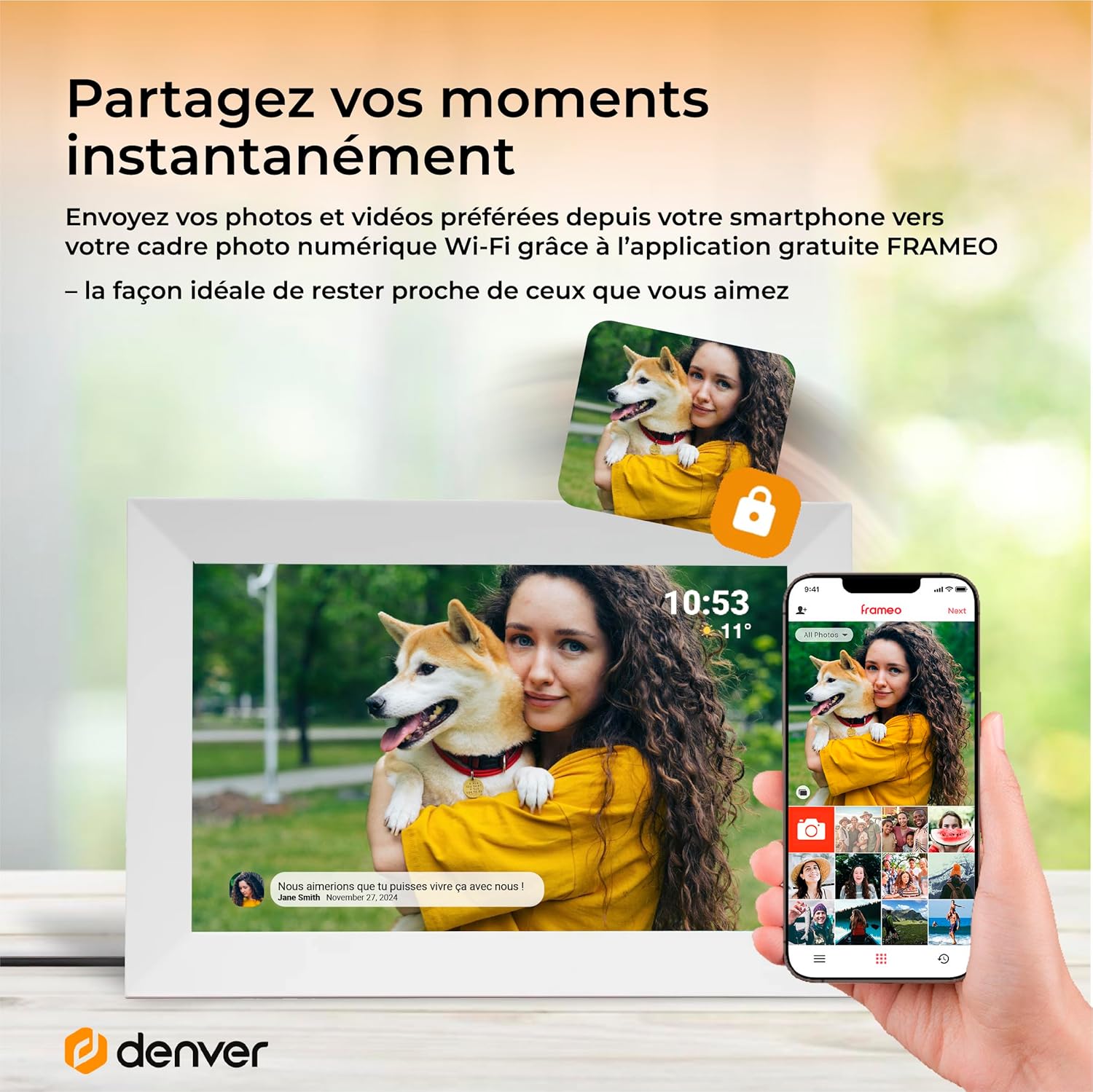 Smartphone screen showing the Frameo app interface with various photos