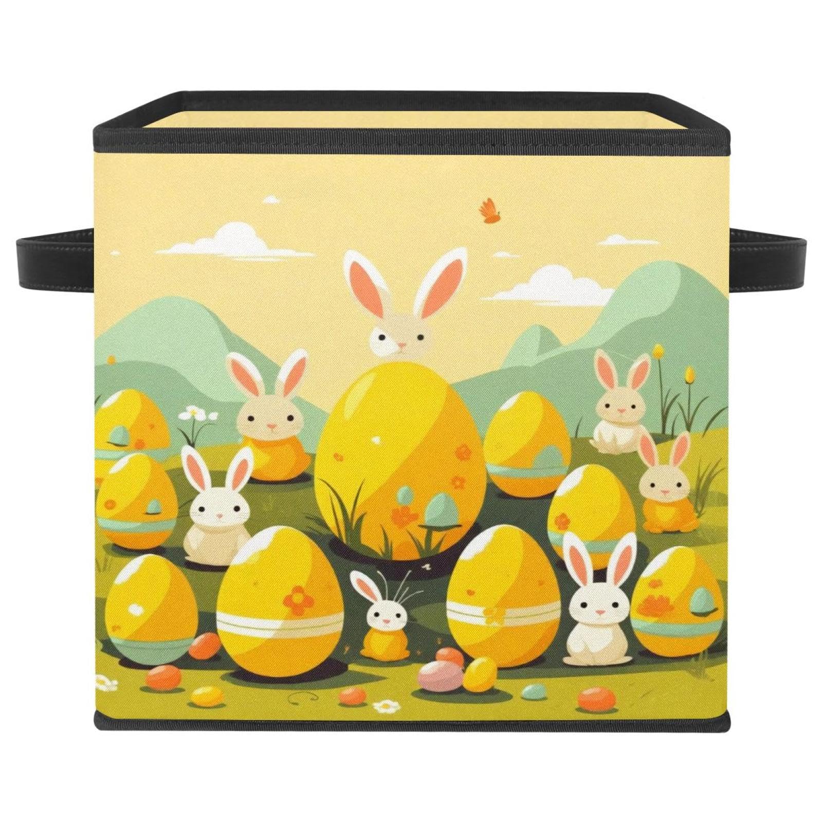 Boîte de rangement pliable jaune œuf de lapin de Pâques, bac organisateur avec poignées