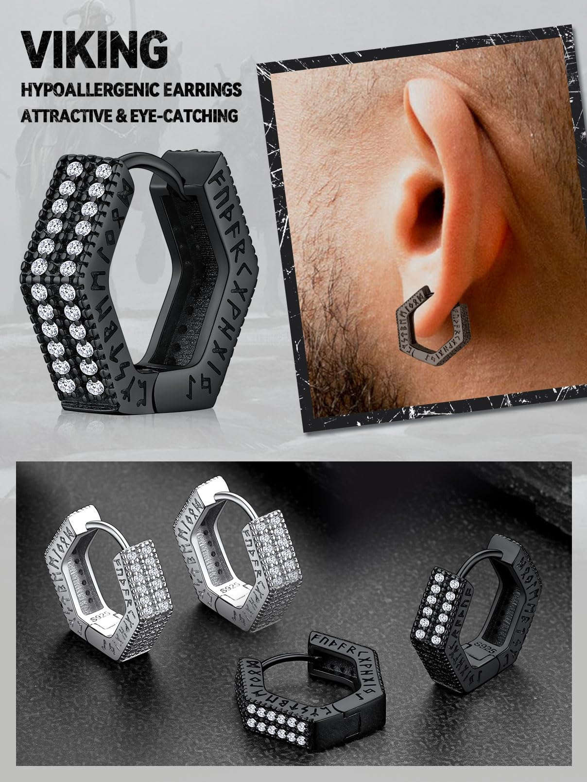 FaithHeart Pendiente Vikingos Runas Plata de Ley 925 Hombre Pendientes Circonitas Brillantes Joyería Amuleto