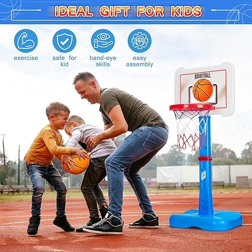 Miniatura 5 de Juego de aro de baloncesto 3 en 1 y pelota en T, altura ajustable, juego de baloncesto para niños, camiseta colgante, juguetes deportivos para