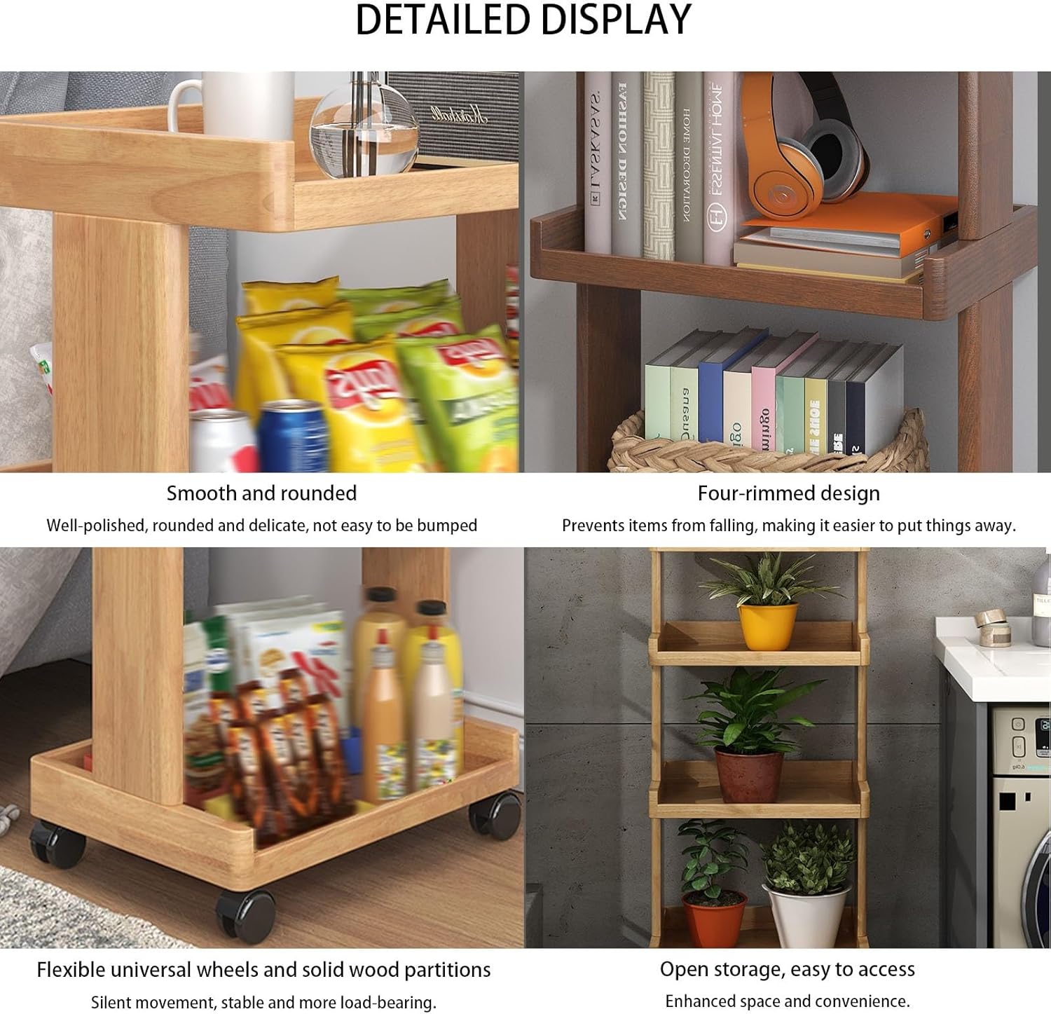 Solid Wood Rolling Library Book Cart,Mobile Bookshelf on Wheels Bookcase Under Desk Office Cart for Home Office Wooden Bookshelf Sideboard Storage Rack Side Cabinet(Wood-B,4Tier)