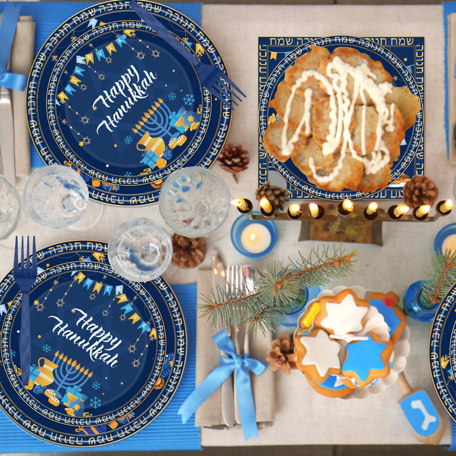 96PCS Happy Hanukkah Plates and Napkins - Hanukkah Decorations Chanukah Party Supplies Jewish Chanukah Disposable Tableware Set Serve 24 Guests