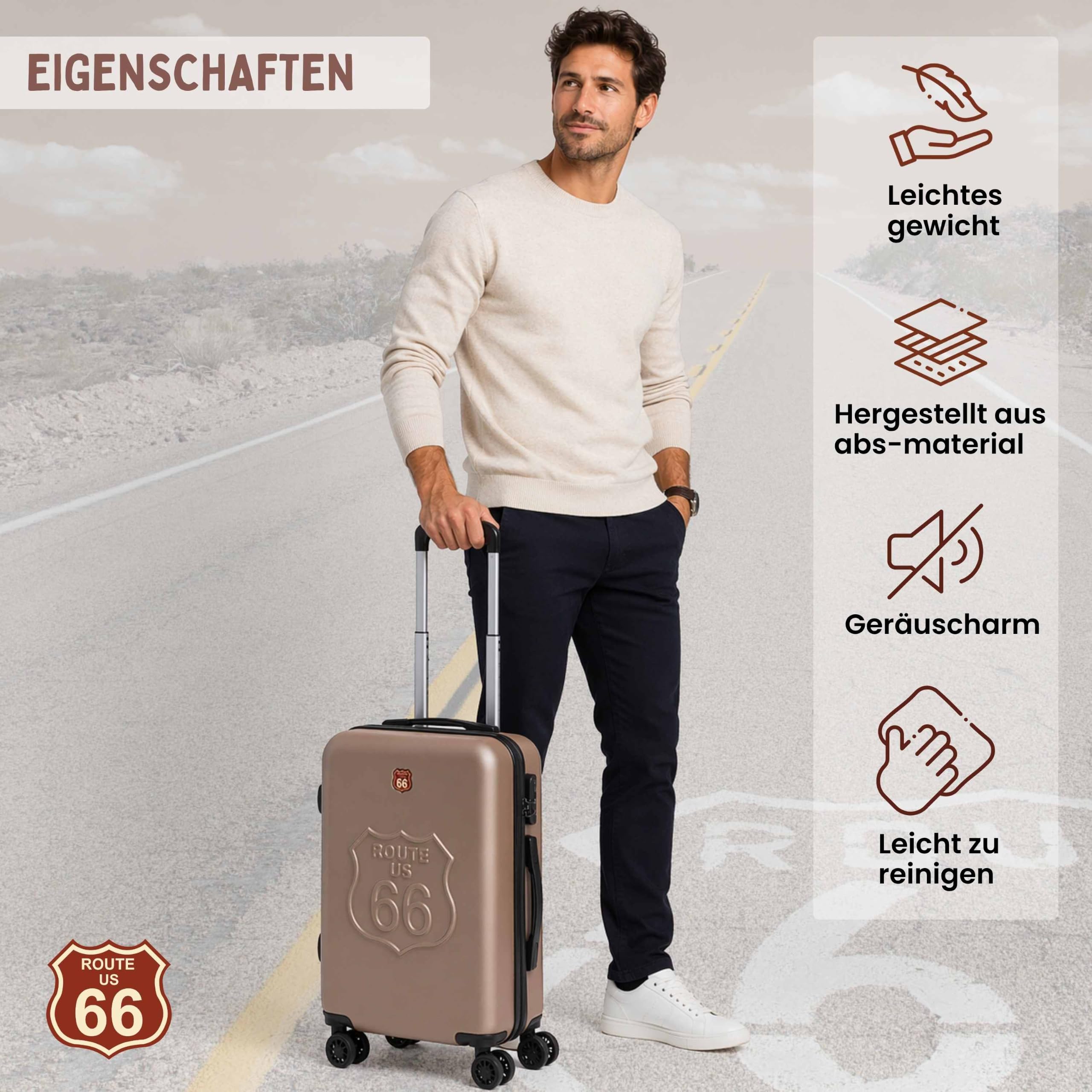 Route 66 - Handgepäck Koffer 55x40x20 Hartschale 4 Rollen Trolley Leicht