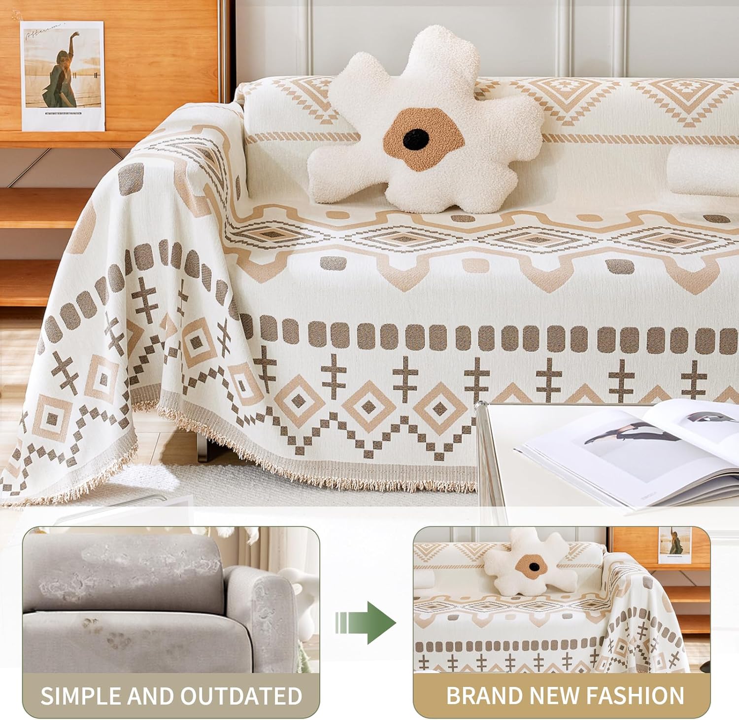 Khaki Chenille Couch Cover Boho Geometric Jacquard Sofa Covers for 3 Cushion Couch Reversible Couch Cover for Cat Dog Pets Cream Sofa Slipcover Sectional Couch Throws Blanket Cover, 71"x134"