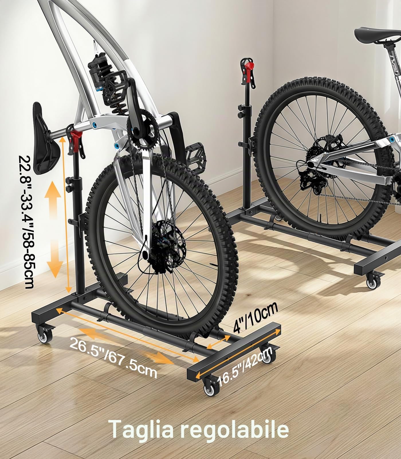 Housolution Supporto Verticale per Bici con Ruote 360°, 2 Unità | Fino a 29 Pollici, Altezza Regolabile, Senza Foratura, Resistente fino a 80 Libbre, Supporto per Garage&Appartamento, MTB