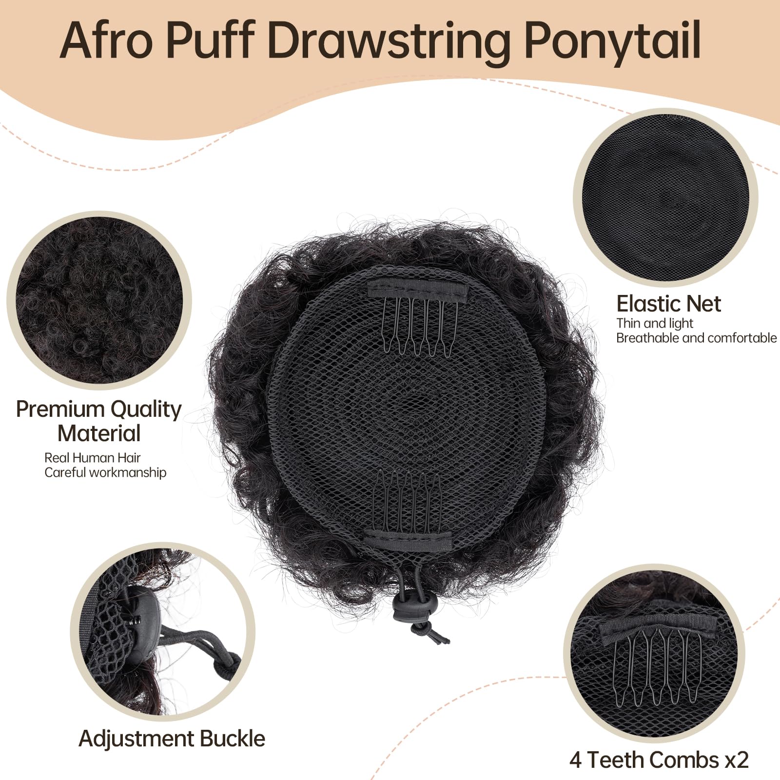 S-noilite Afro Puff Drawstring Ponytail Kinky Curly Bun Hair 1 Pieces Real Human Hair Extensions Remy Updo Hair for Black Women Girls Small (Natural Black) - Image 2