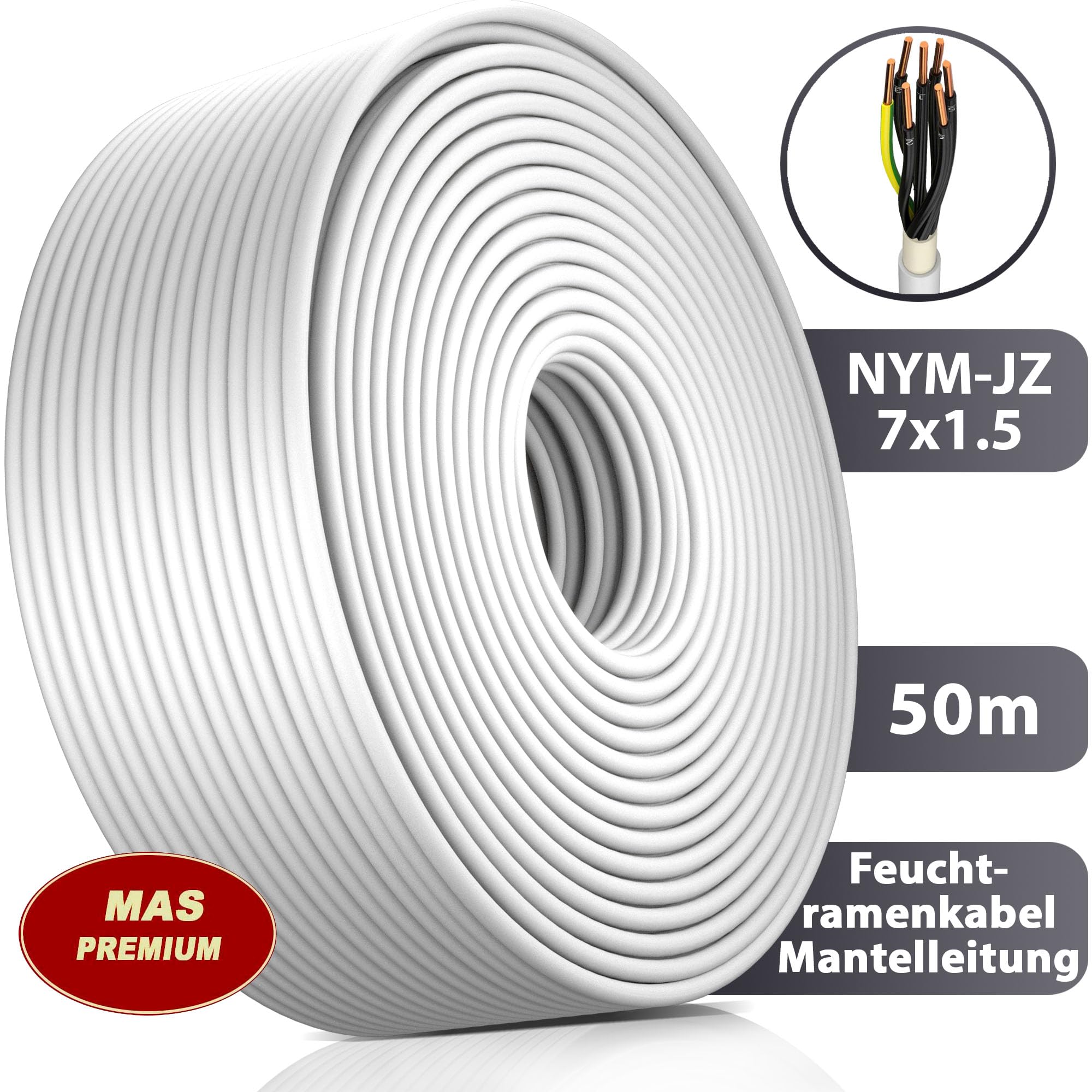 MAS Premium Kabel zasilający do wilgotnych pomieszczeń, kabel zasilający 5-100 m, przewód płaszczowy NYM-JZ 7 x 1,5, kabel instalacyjny OFC do stałego układania (50 m)