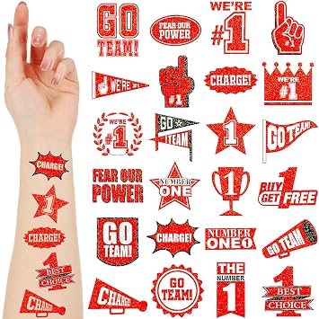Landhoow 240 Pcs Red Team Spirit Tattoos Temporary Glitter Go Team Tattoos School Field Day Camp Spirit Day Accessories Football Cheer Stickers for Pep Rally Supplies Color Accessories
