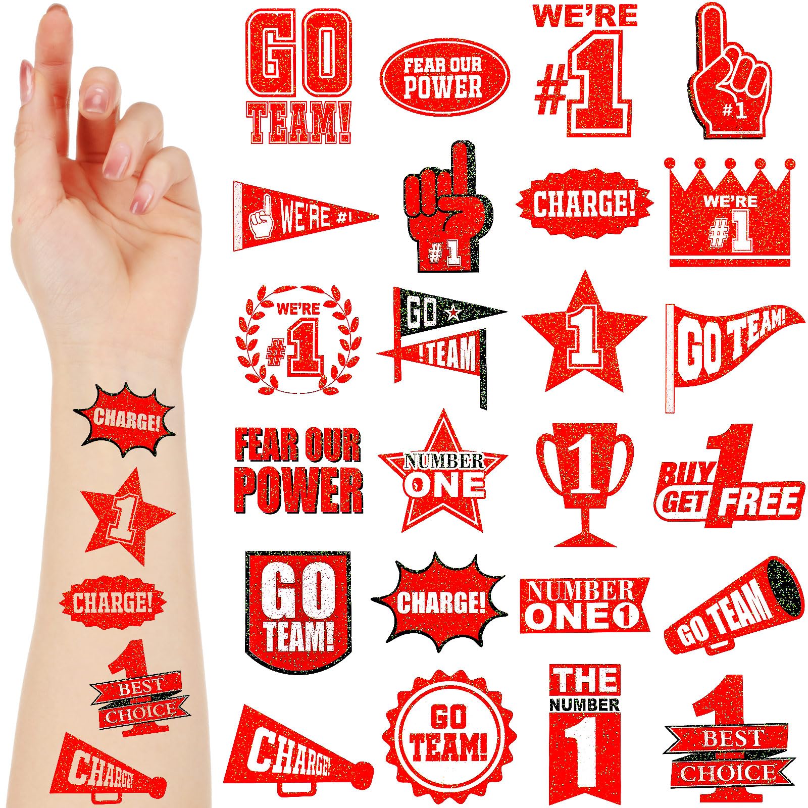Landhoow 240 Pcs Red Team Spirit Tattoos Temporary Glitter Go Team Tattoos Football Temporary Stickers Party Costume Accessory for School Spirit
