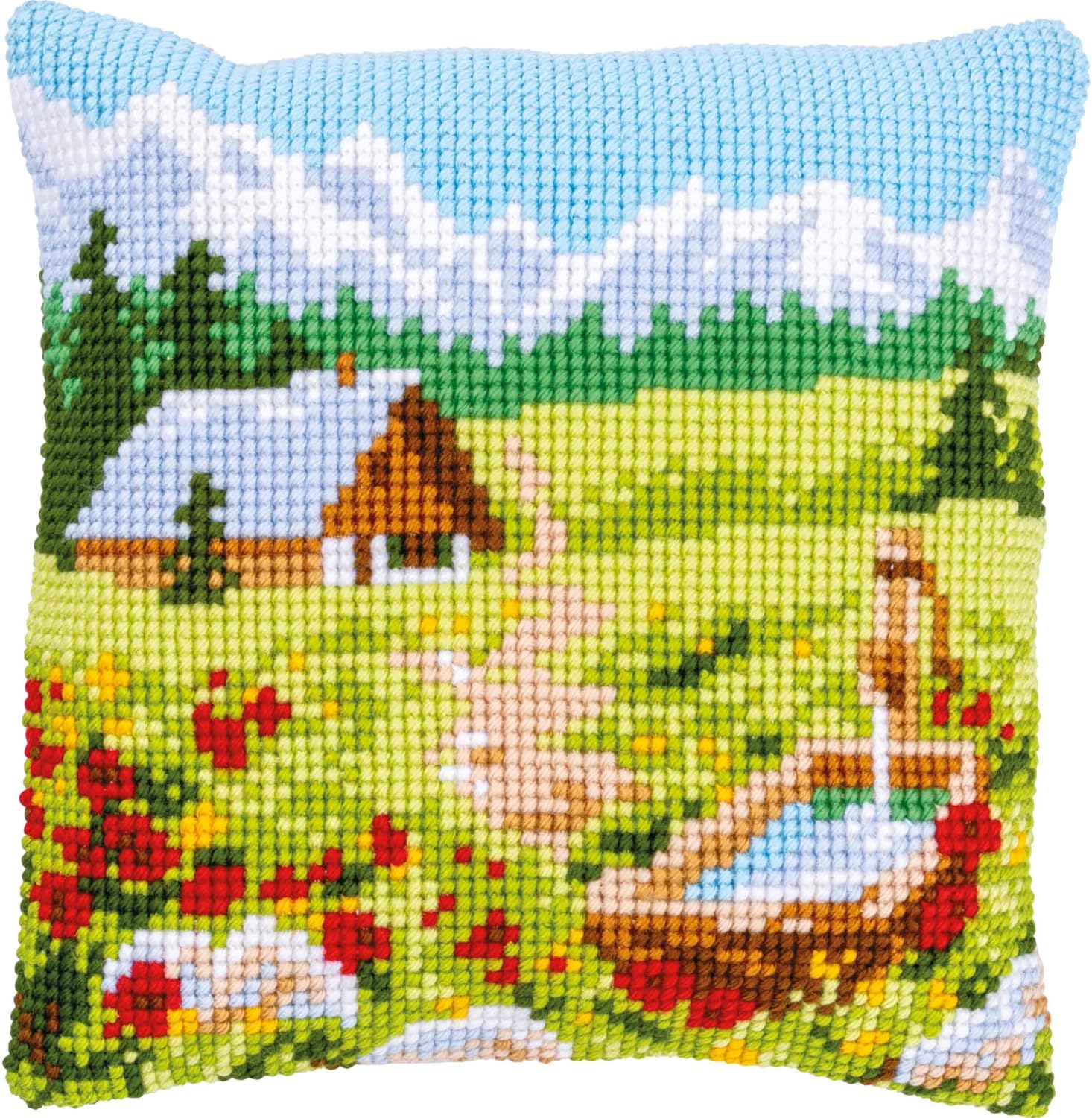 Vervaco Mountain Meadow Cross Stitch Cushion Kit, ca. 40 x 40 cm, Off- White