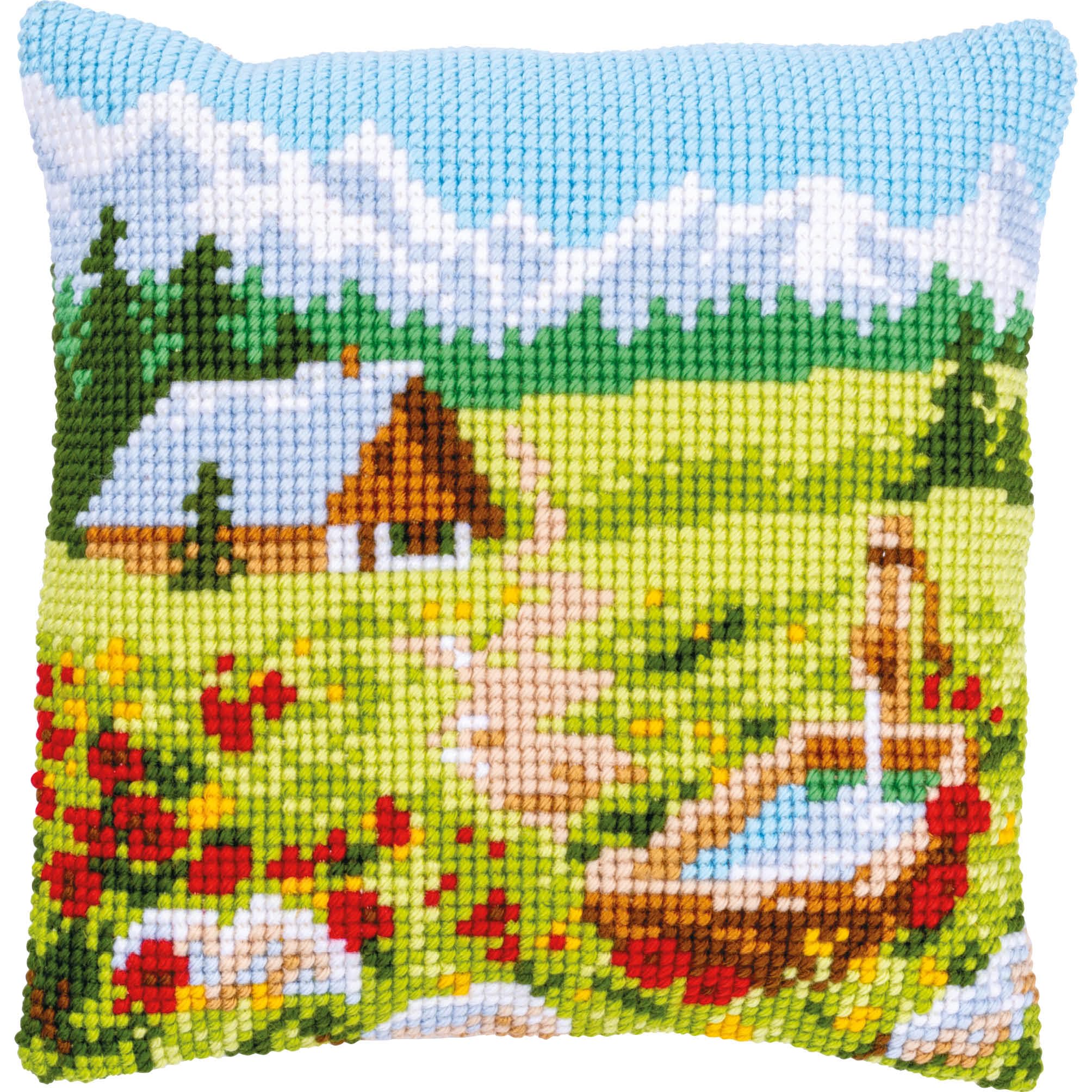 Vervaco Cross Stitch Cushion Kit Mountain Meadow Ecru Approx. 40 x 40 cm