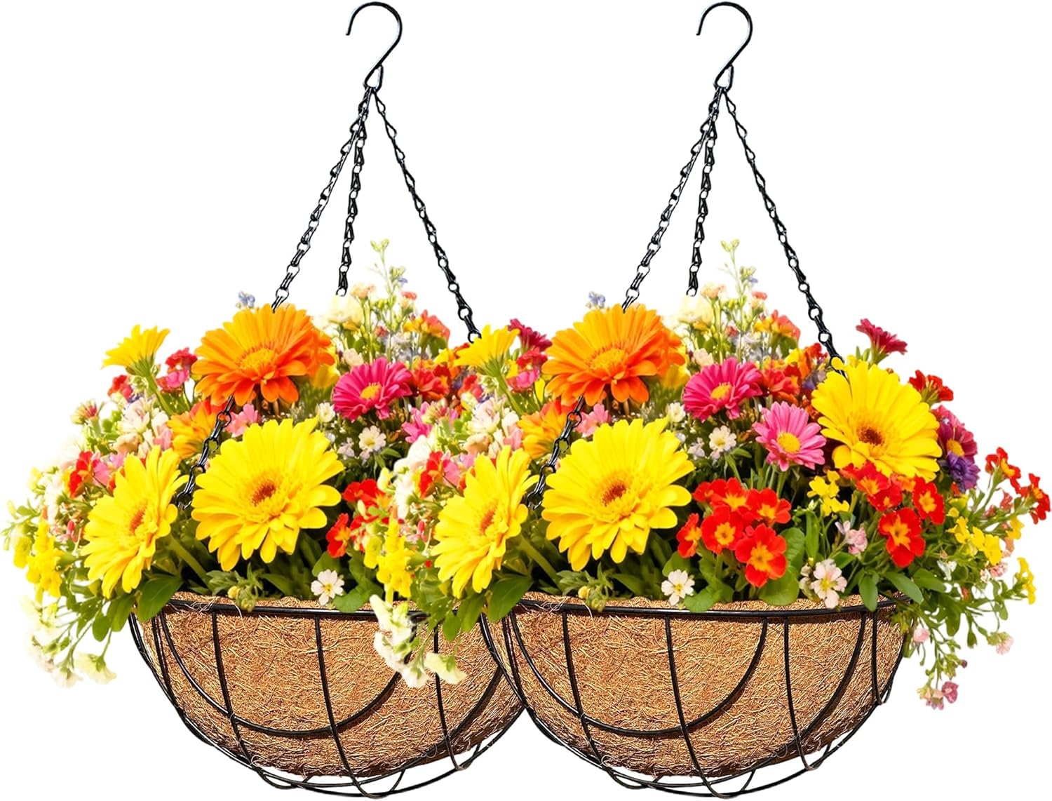 2 Pack 12 Inch Black Metal Hanging Basket Hanging Planter with Coco Coir Liner Heavy Duty Hanging Flower Pot Holder for Indoor Outdoor Patio Garden Porch Balcony Decor (Earth)