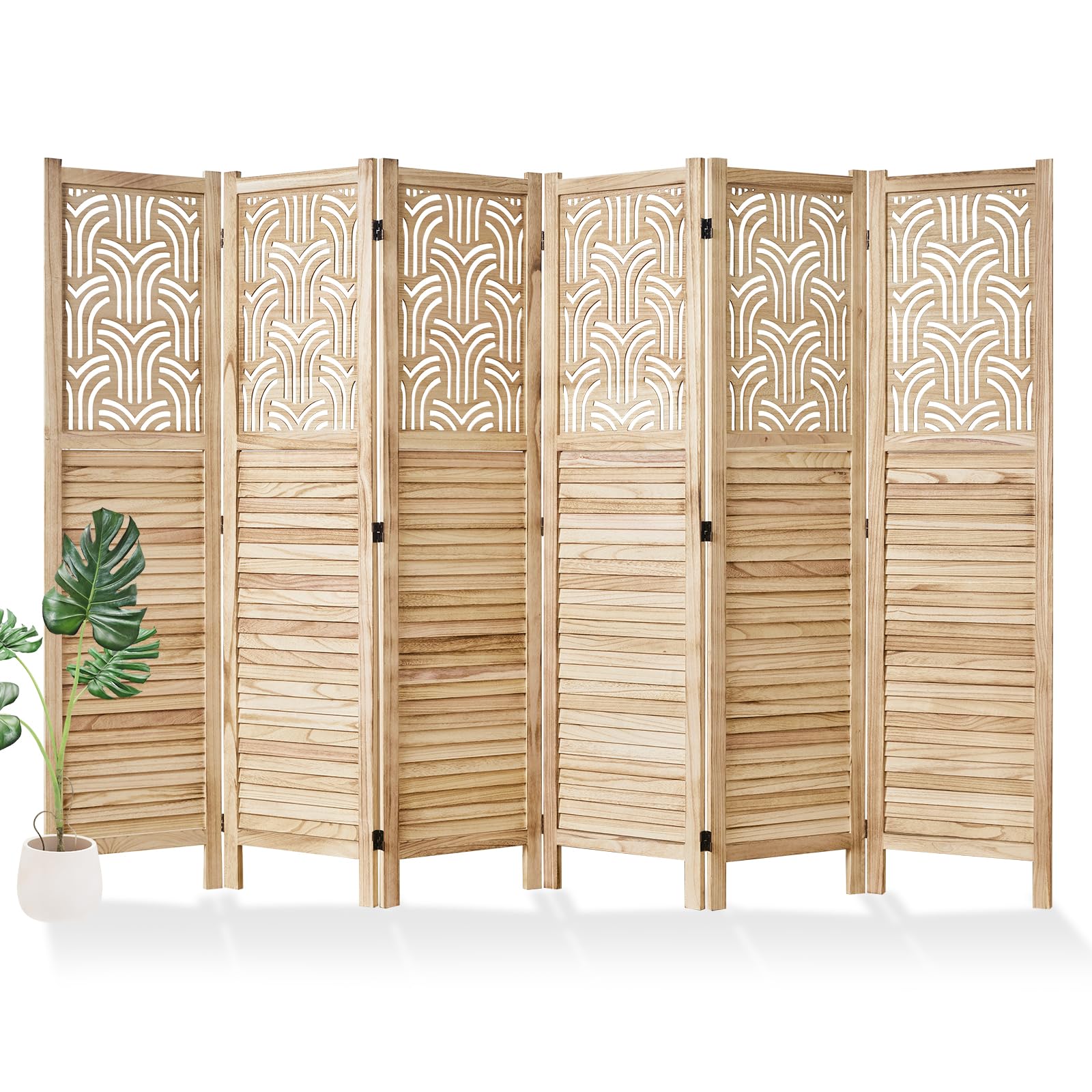 Svimi Folding Room Divider, 66.9 Inch 6 Panels Wood Carved Privacy Screens, Free Assembled Freestanding Portable Separation Wall for Home Office