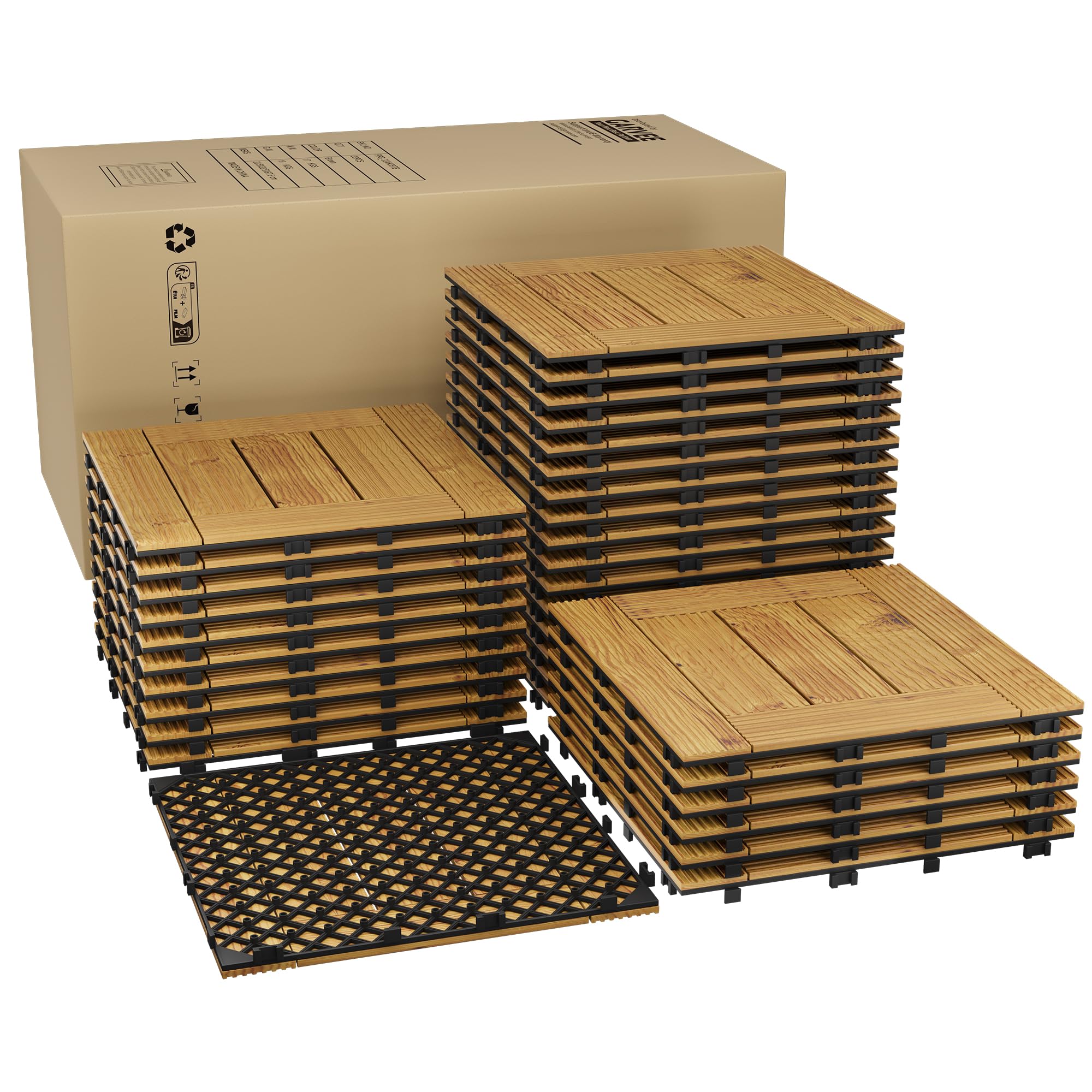 Zstar Dalles emboîtables en bois d’acacia massif – Revêtement de sol imperméable, antidérapant pour balcon, terrasse, jardin, piscine – Installation facile, finition jaune, 33 pièces, 30x30 cm,