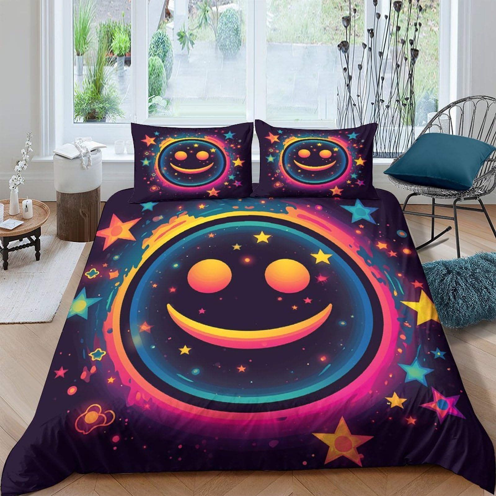 Ctjqhvkz Style-9 3D Printed Colorful Smiley Face Fitted Sheet Microfiber Soft Rainbow Star Mattress Cover For Bedroom Dorm Decor Single（135X200cm）