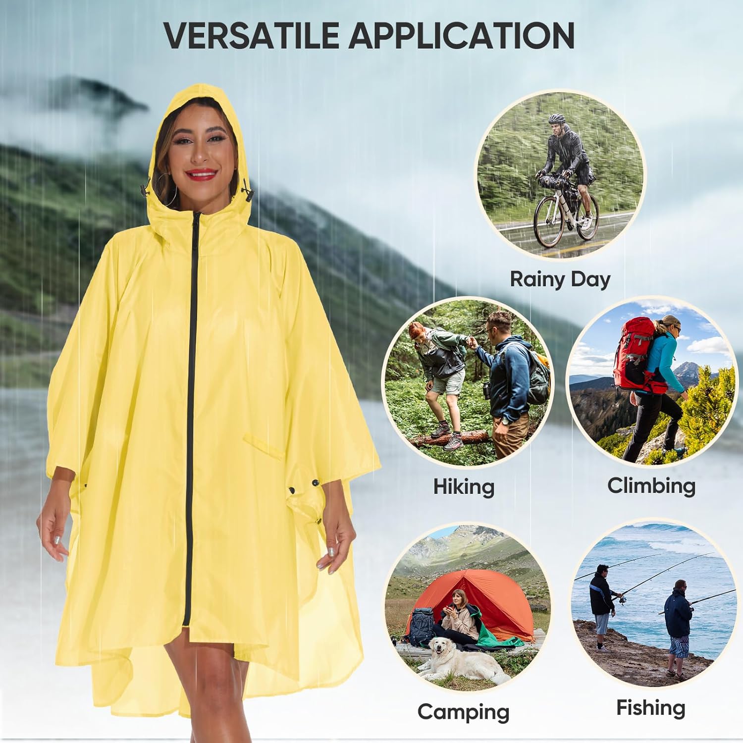 PTEROMY Hooded Rain Poncho for Adult with Pocket and Zipper, Waterproof Lightweight Raincoat for Men and Women - Image 7