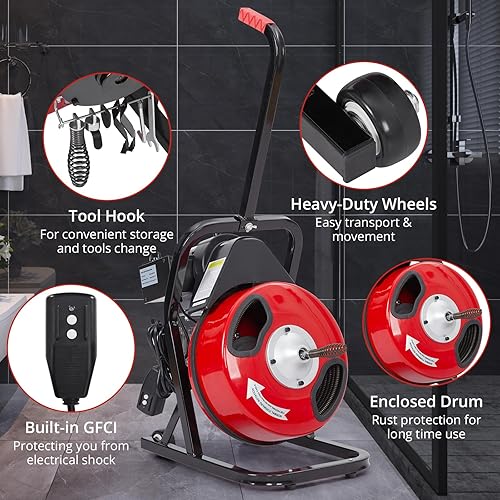 Miniatura 5 de Zstar Máquina limpiadora de drenaje de 50 pies x 12 pulgada, alimentación automática de barrena de alcantarillado con 4 cortadores e interruptor de