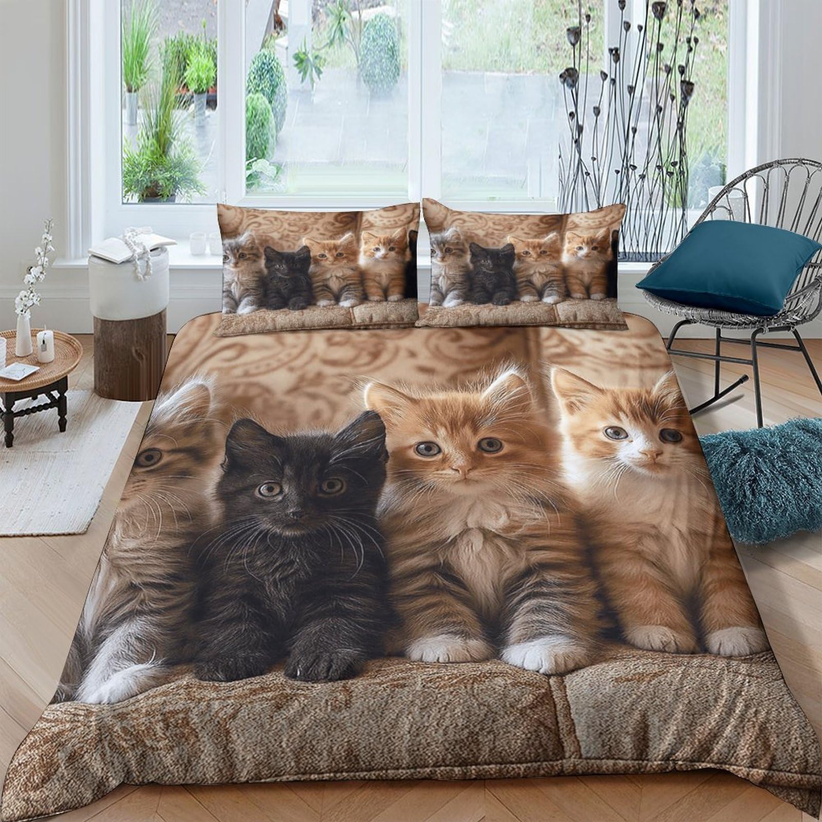 GPLZQXKJNH 3D Printed Cute Cat Duvet Cover Microfiber Soft Breathable Kitten Bedding Set with 2 Pillowcases for Bedroom Decor Single（135x200cm）
