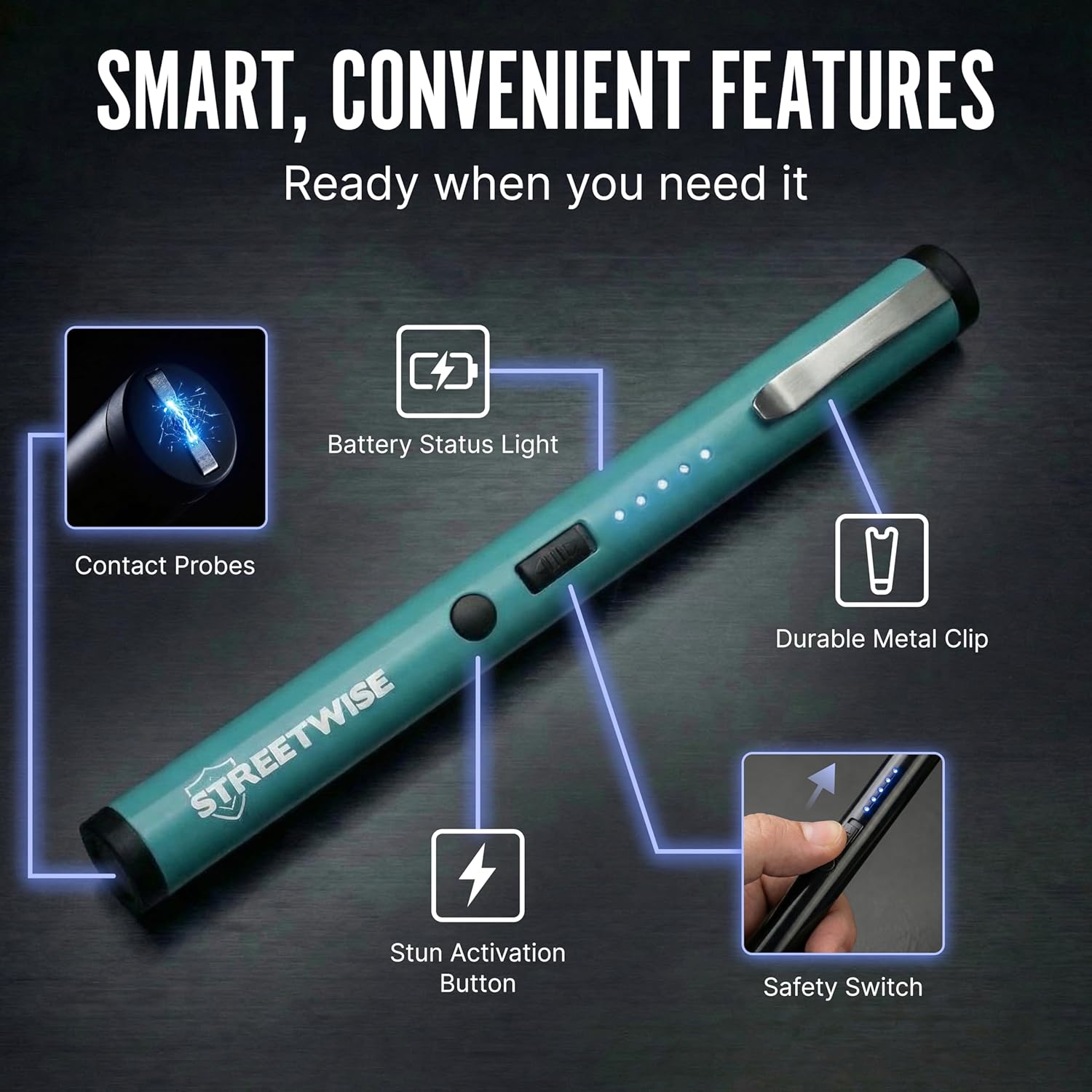 Streetwise Pain Pen 25,000,000 Volts Stun Gun for Self Protection - Tactical Stun Pen for Women and Men, USB Rechargeable, Battery Indicator, Durable Clip, Compact and Concealable for Protection