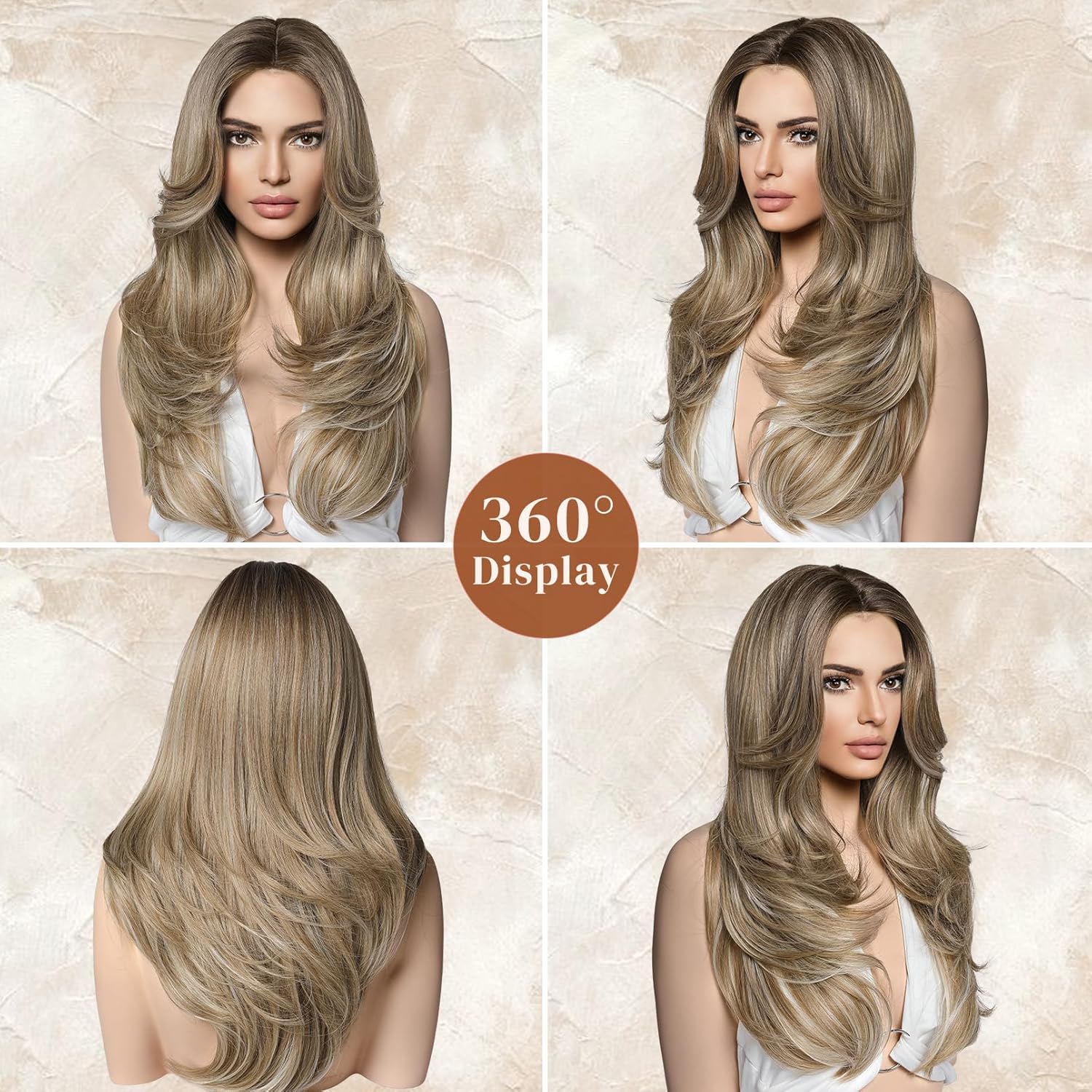 LONAI Ash Brown Wigs for Women 24" Long Ombre Brown Middle Part Layered Wig Synthetic Hair Wig for Daily Use Party Cosplay
