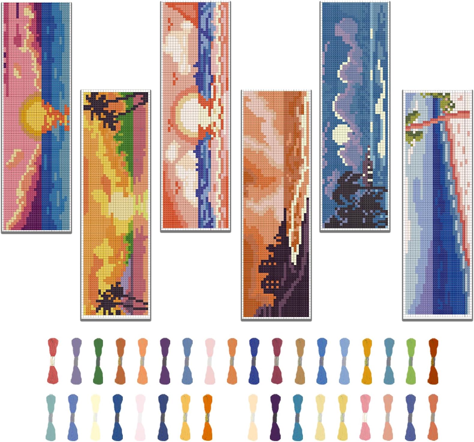 FREEBLOSS 6 Set Bookmark Cross Stitch Kits Stitch Bookmark Cross Stitch Kits with Instructions Beach Sunset Pattern Punch Needle Kit for Beginners Bookmark Making Kit for Gift