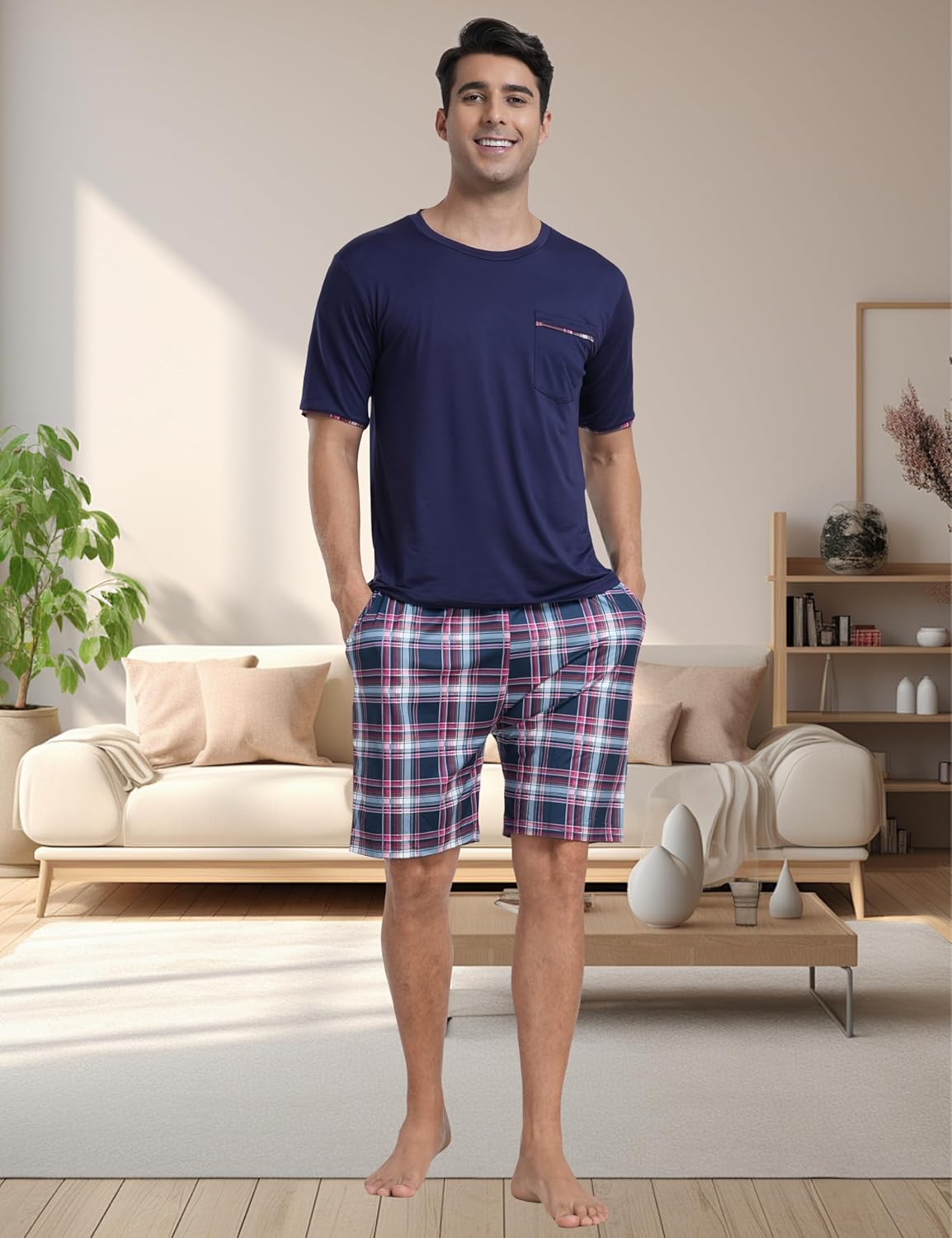 MoFiz Mens Pajamas Set Sleepwear Sleep Shirt and Shorts Pajama Set Lightweight Soft Mens Pjs Lounge Set with Pockets - Image 3