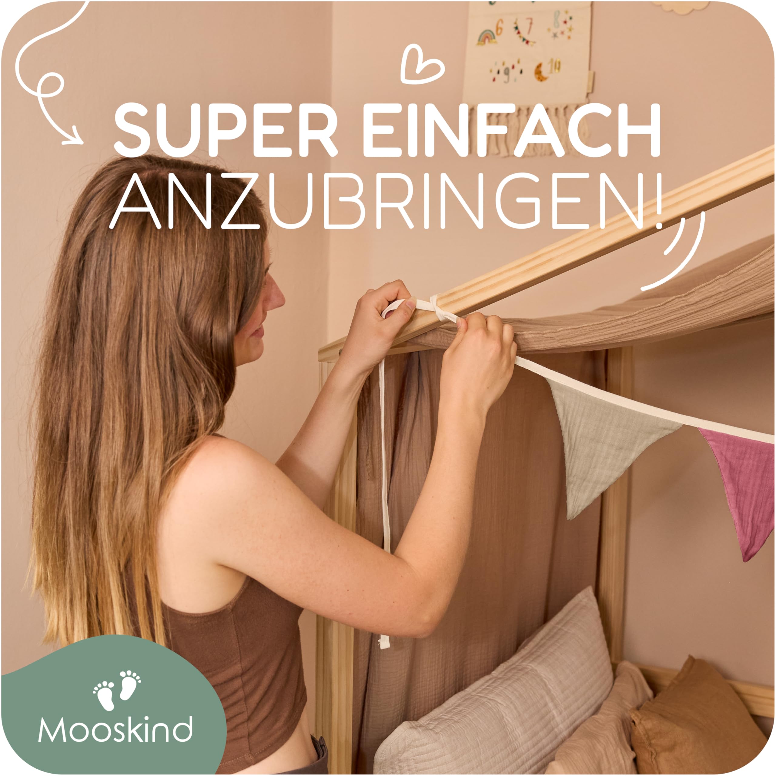 Wimpelkette Stoff [in 3 Farben] – Girlande Kinderzimmer aus 100% Bio-Baumwolle – Handmade Wanddeko für Babyzimmer & Hausbett – Wimpelgirlande für Mädchen & Jungen – Musselin Deko