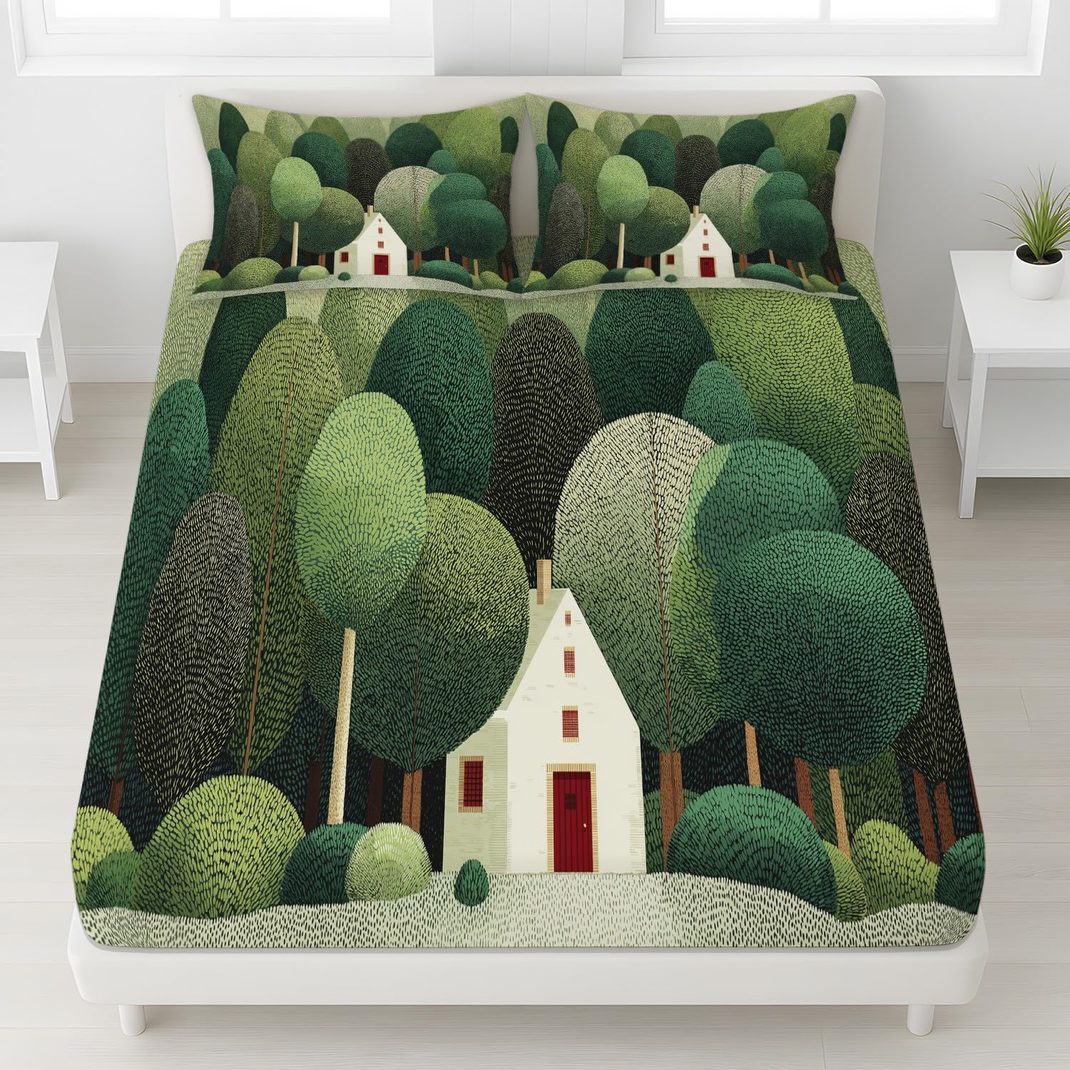 3-teiliges Spannbettlaken 200 x 200 cm - Bettlaken Für Jungen und Mädchen Mikrofaser Bettwäsche-Set, Retro, Skurril, Wald, Wälder, Bäume, Kleine Pünktchen für Matratzenhöhe bis 30 cm