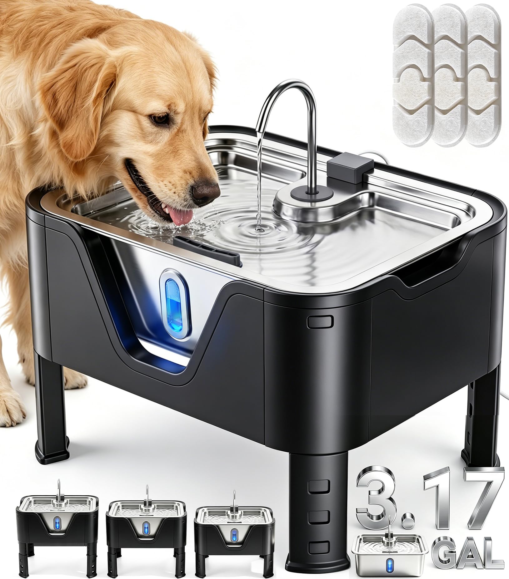 Photo 1 of 3.17Gal/ 12L Large Dog Water Fountain Elevated Dog Bowls with 3 Filters