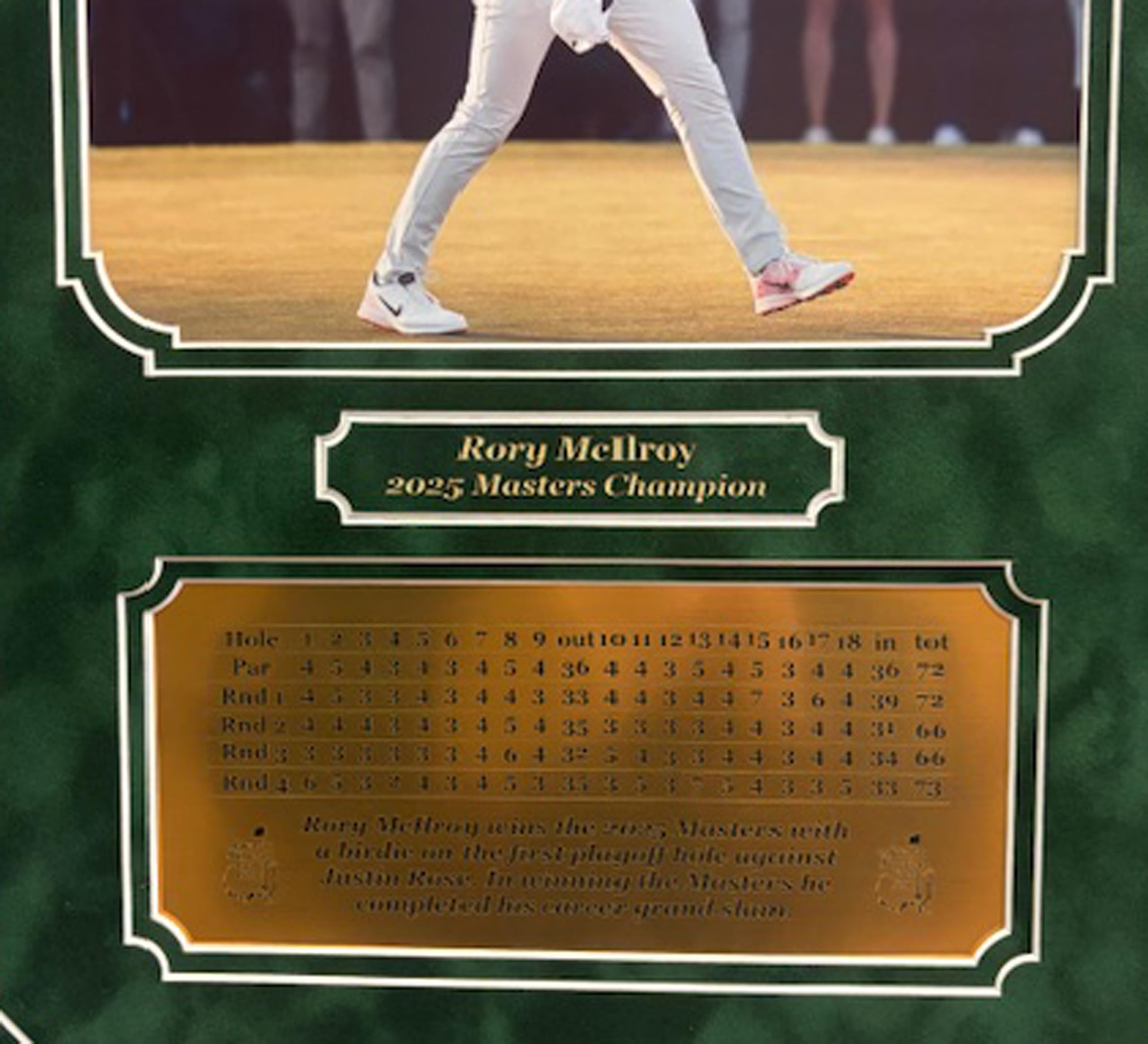 Rory McIlroy 2025 Masters Champion 8x10 Photo Professionally framed and double matted with an engraved 4 day scorecard nameplate (Mahogany)