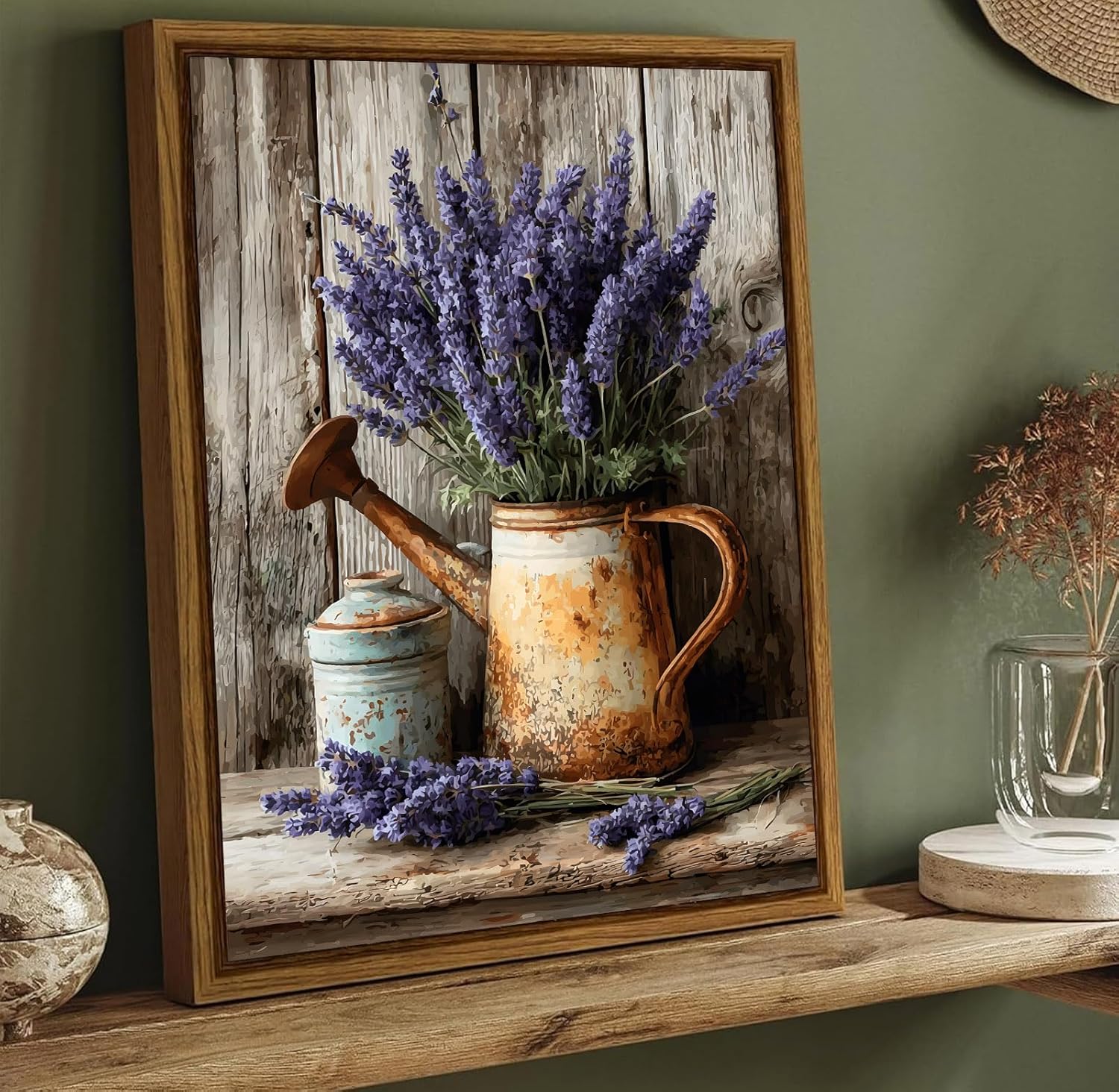 Qenundme Framed Vintage Lavender Flower Canvas Wall Art Antique Water Jug Pictures Prints Farmhouse Paintings Artwork Rustic Cottage Country Floral Wall Decor for Living Room Bathroom Kitchen 16x24in