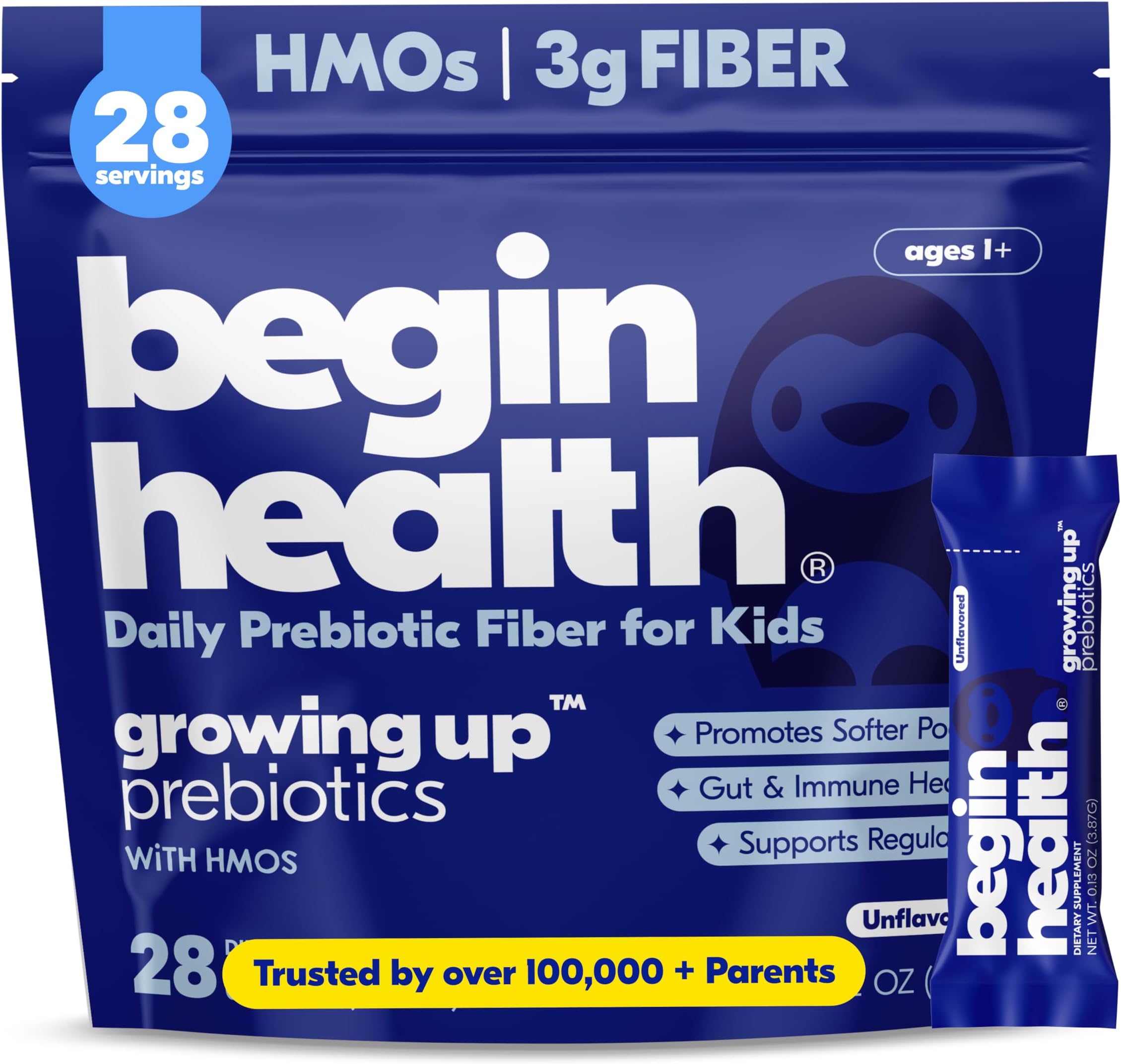 Begin Health Growing Up® Prebiotics for Kids 28-Packs | Prebiotic Soluble Powder Stool Softeners & Digestive Gut Health Supplement | Ideal to Mix with Kids Daily Beverages and Soft Foods - Unflavored