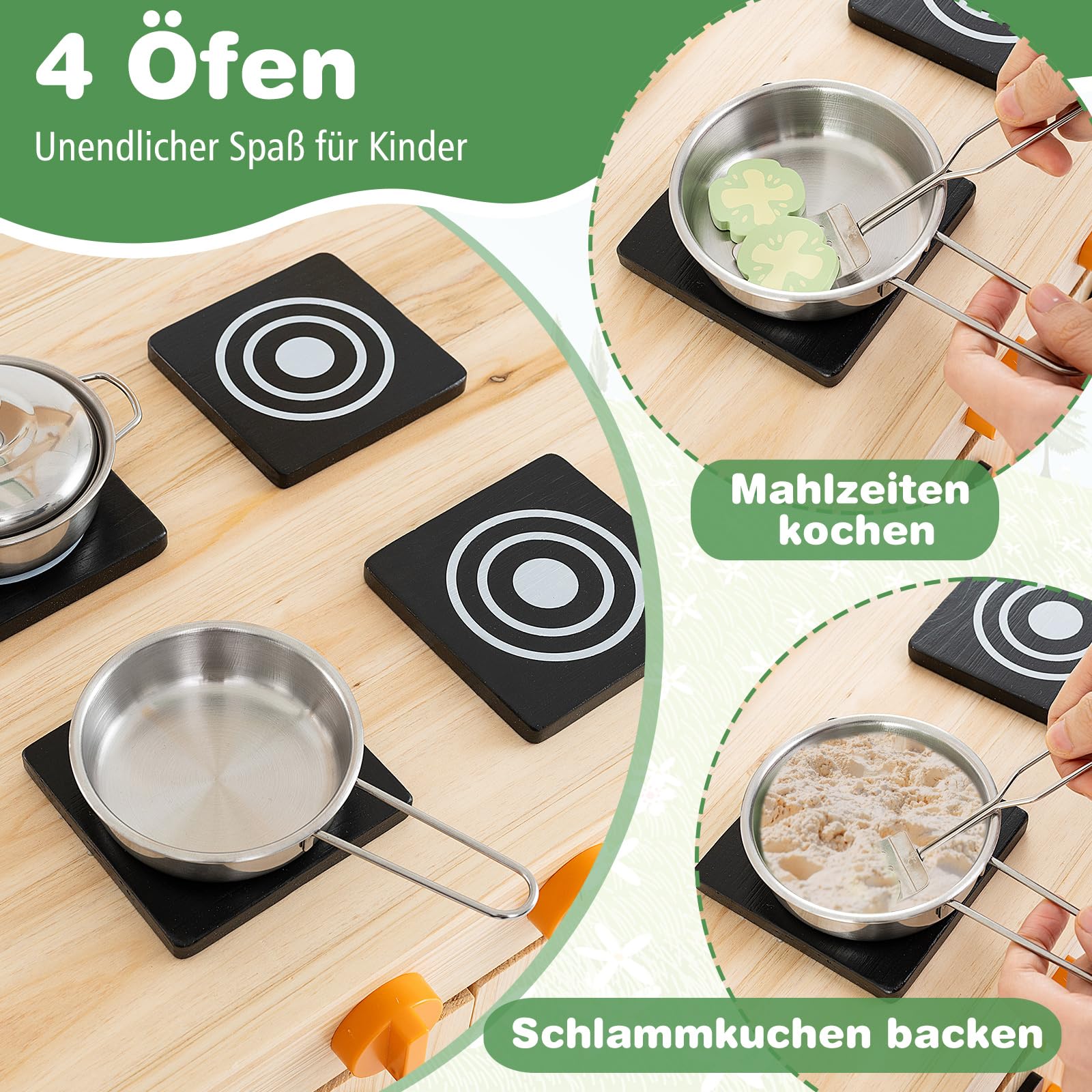 COSTWAY Matschküche Kinder Outdoor, Kinderküche Tannenholz mit Überdachung & Abnehmbarer Spüle & 4 Kochherden & Tafeln, Spielküche mit Zubehör für Kinder ab 3 Jahren