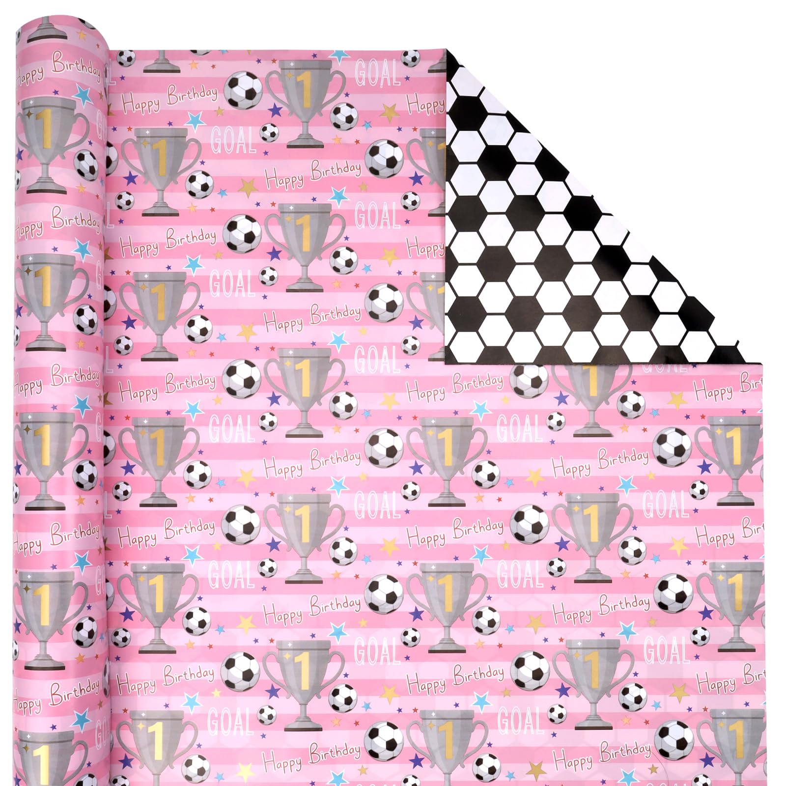BIOBROWN Reversible Soccer Wrapping Paper for Kids Girls - 43cm x 10m- Pink Goal & Trophies Design Sports Gift Wrap Paper for Birthday Party Soccer Fans Favor โ image 1