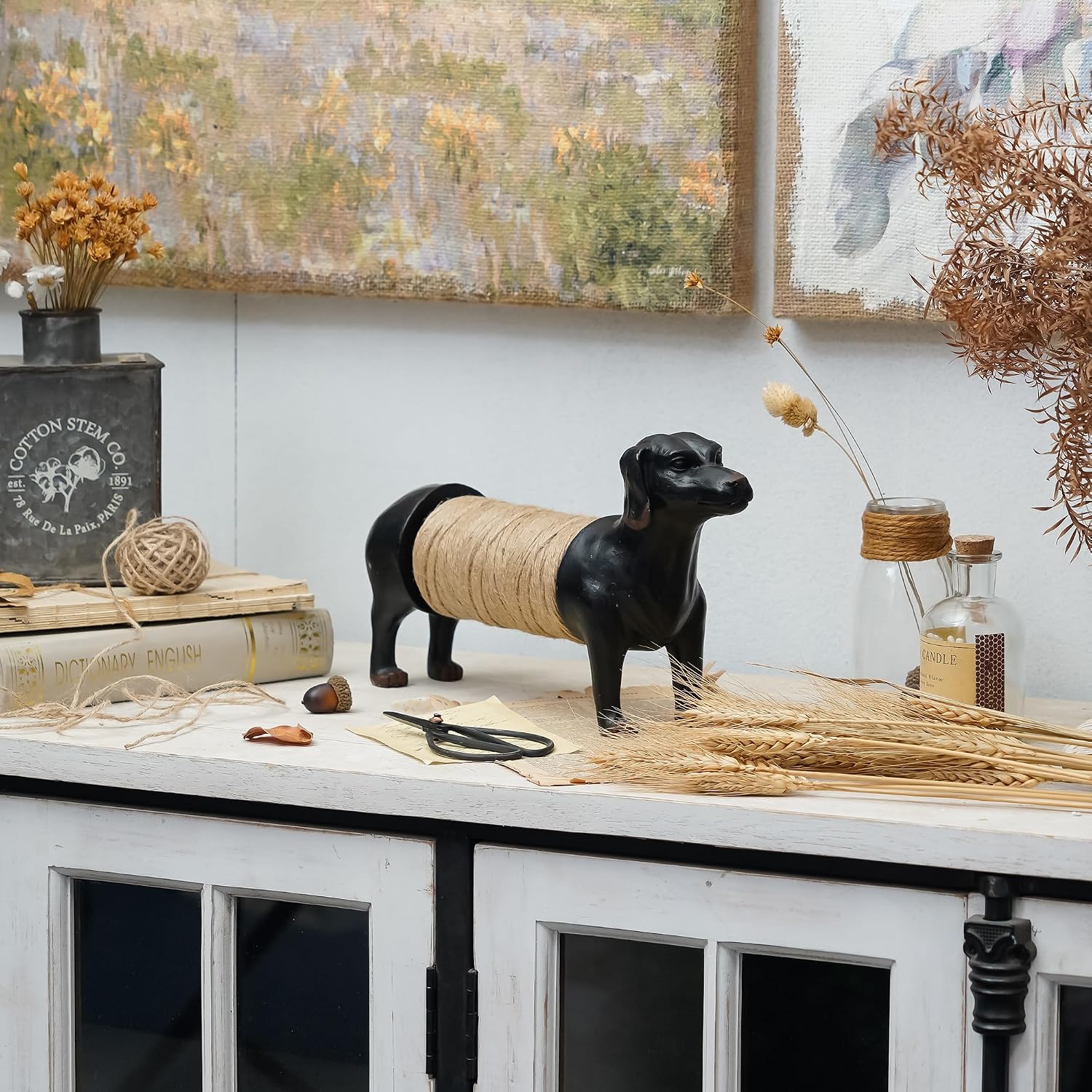 SOFFEE DESIGN Black Dachshund Twine Holder Ceramic Tray, Cute Kitchen Counter Organizer for Scissors Keys, Dog Lover Gift
