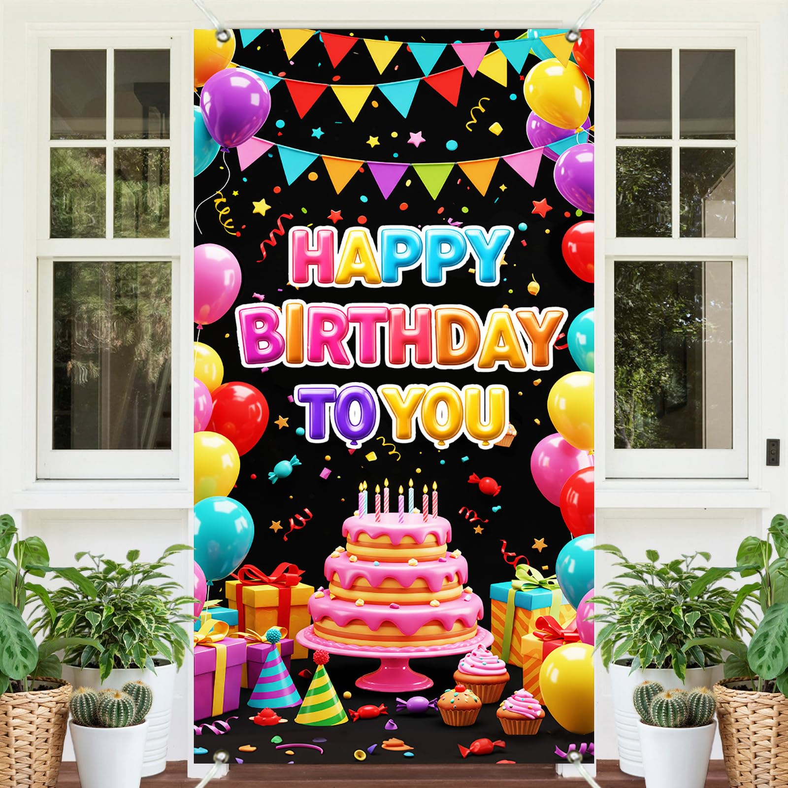 Colorful Happy Birthday Door Banner Cake Birthday Door Cover Decoration Photography Background (35.4X70.8 inch) Colorful Balloon Party Decoration