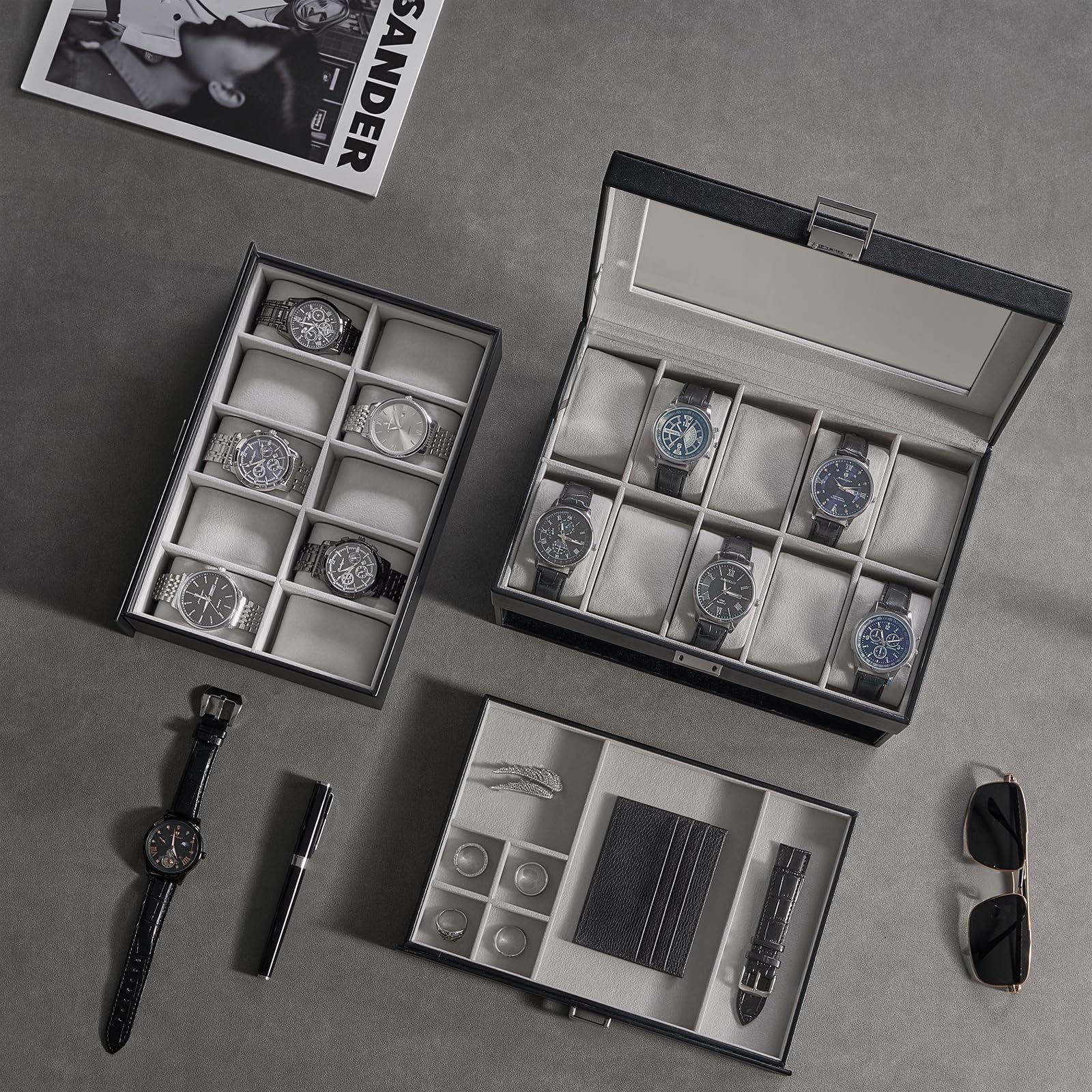 ProCase Uhrenbox mit 20 Fächern, 2 Ebenen Uhrenkoffer mit Schublade, Uhrenaufbewahrung Uhrenkasten mit Glasdeckel -Schwarz
