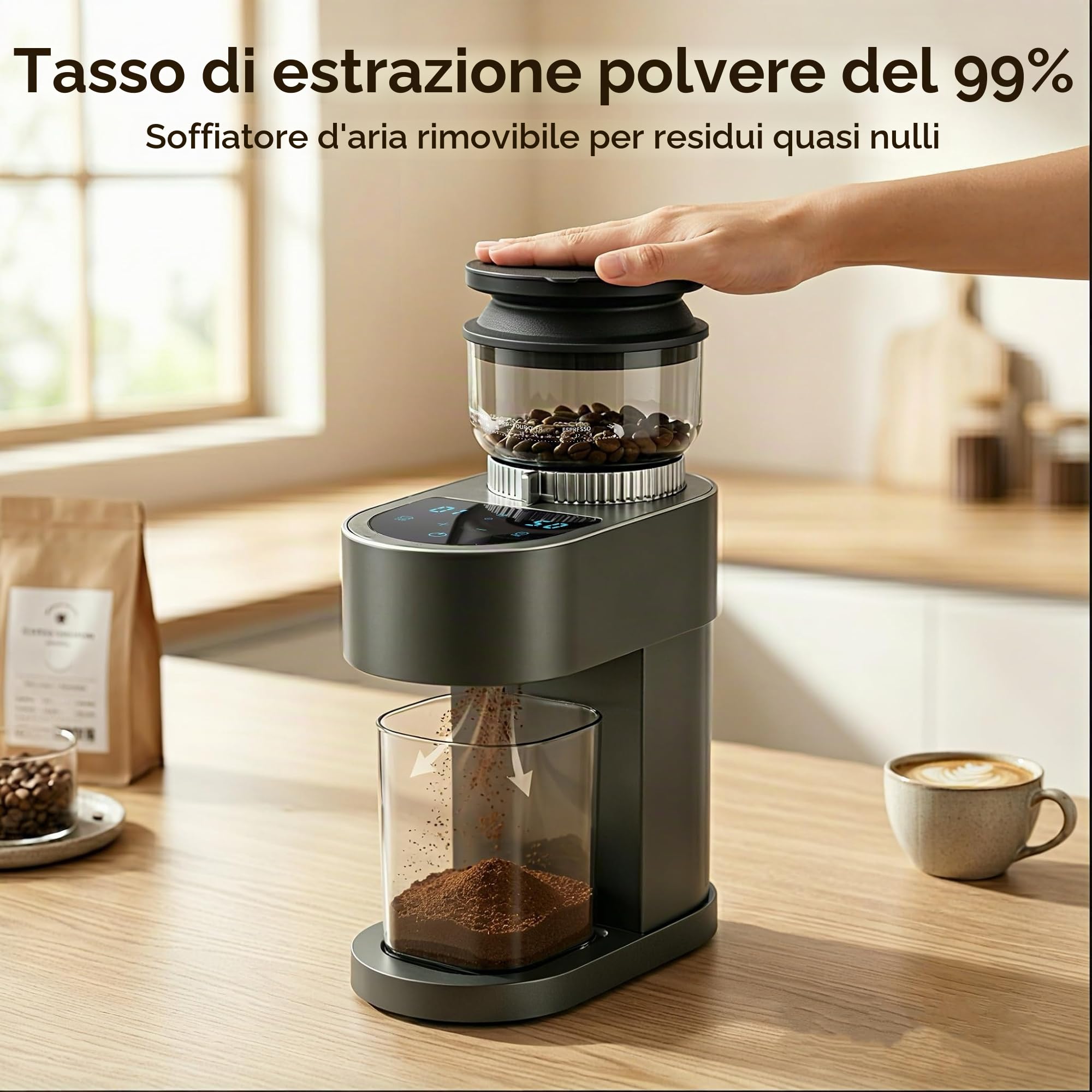 Macinacaffè elettrico, 60 gradi di macinazione, macinino conico da 48 mm, macinino per chicchi di caffè con supporto portafiltro e soffietto, display touch digitale, per espresso, French press