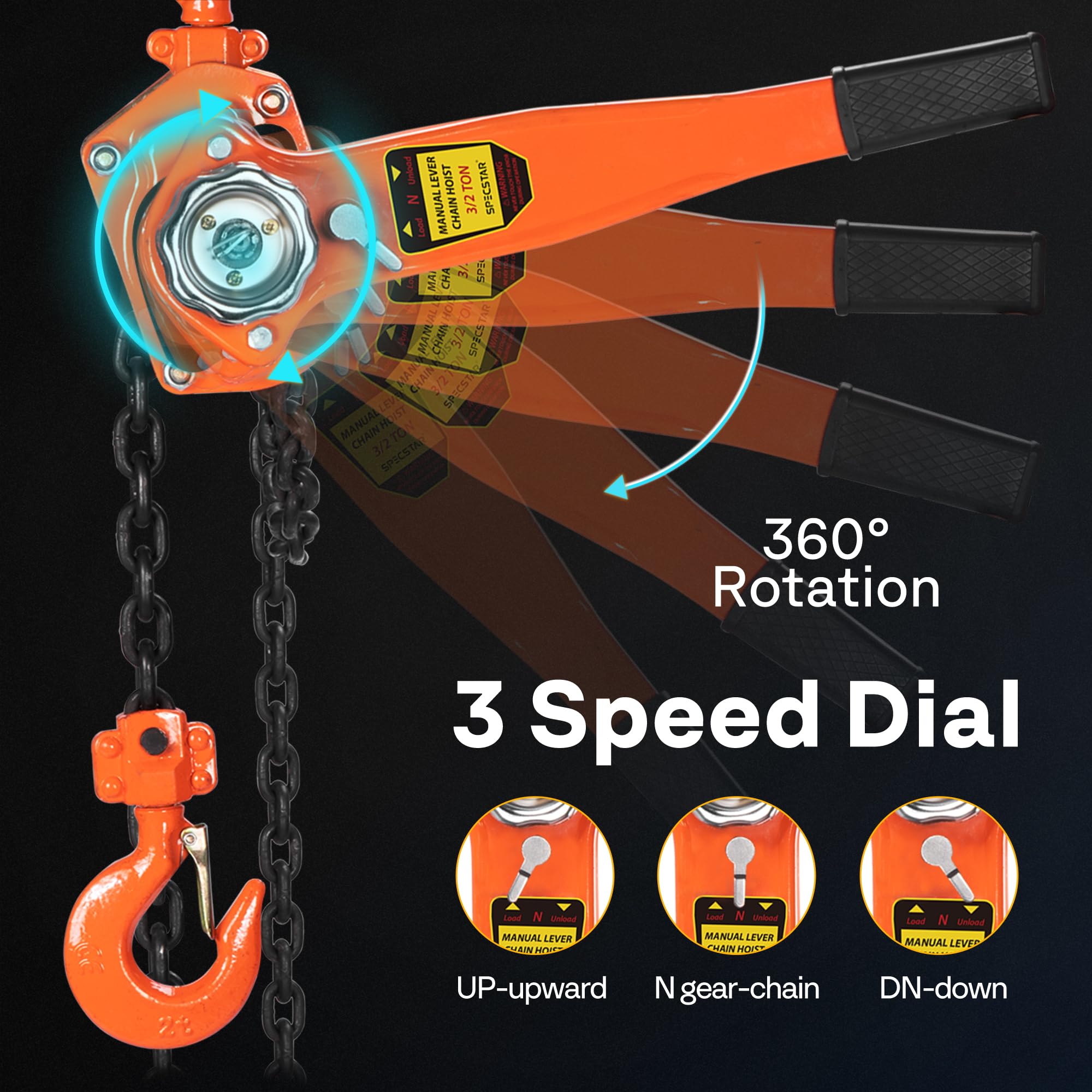 SPECSTAR Dźwigniowy wciągnik łańcuchowy 1500KG 3M z 2 hakami do dużych obciążeń, łańcuch do maszyn motoryzacyjnych w budynkach magazynowych
