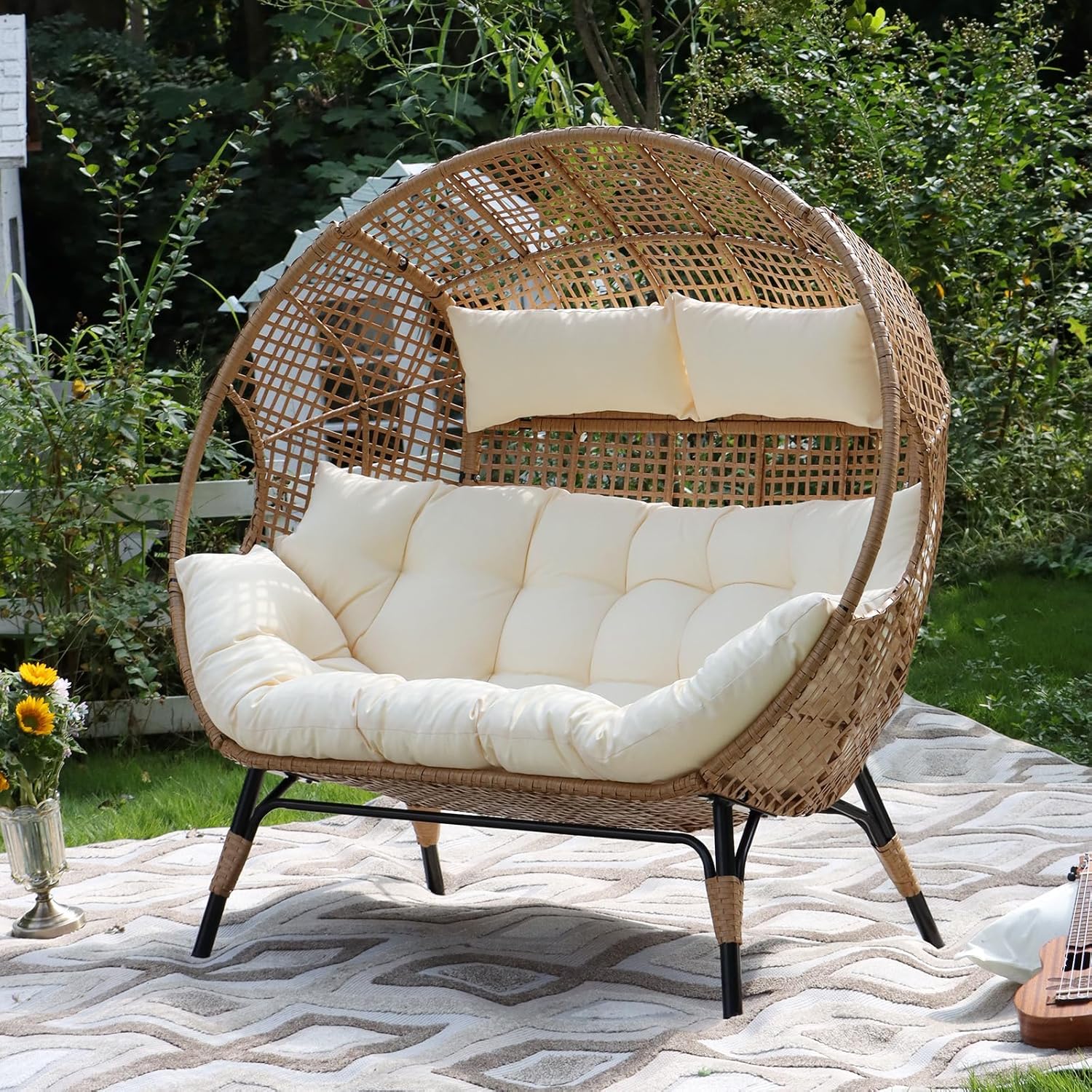 FINCATI Indoor Outdoor Double Egg Chair, 2 Person Oversized Wicker Rattan Stationary Lounge Chair with Legs, Loveseat Boho Egg Basket Chairs for Patio Garden Backyard Living Room Beige