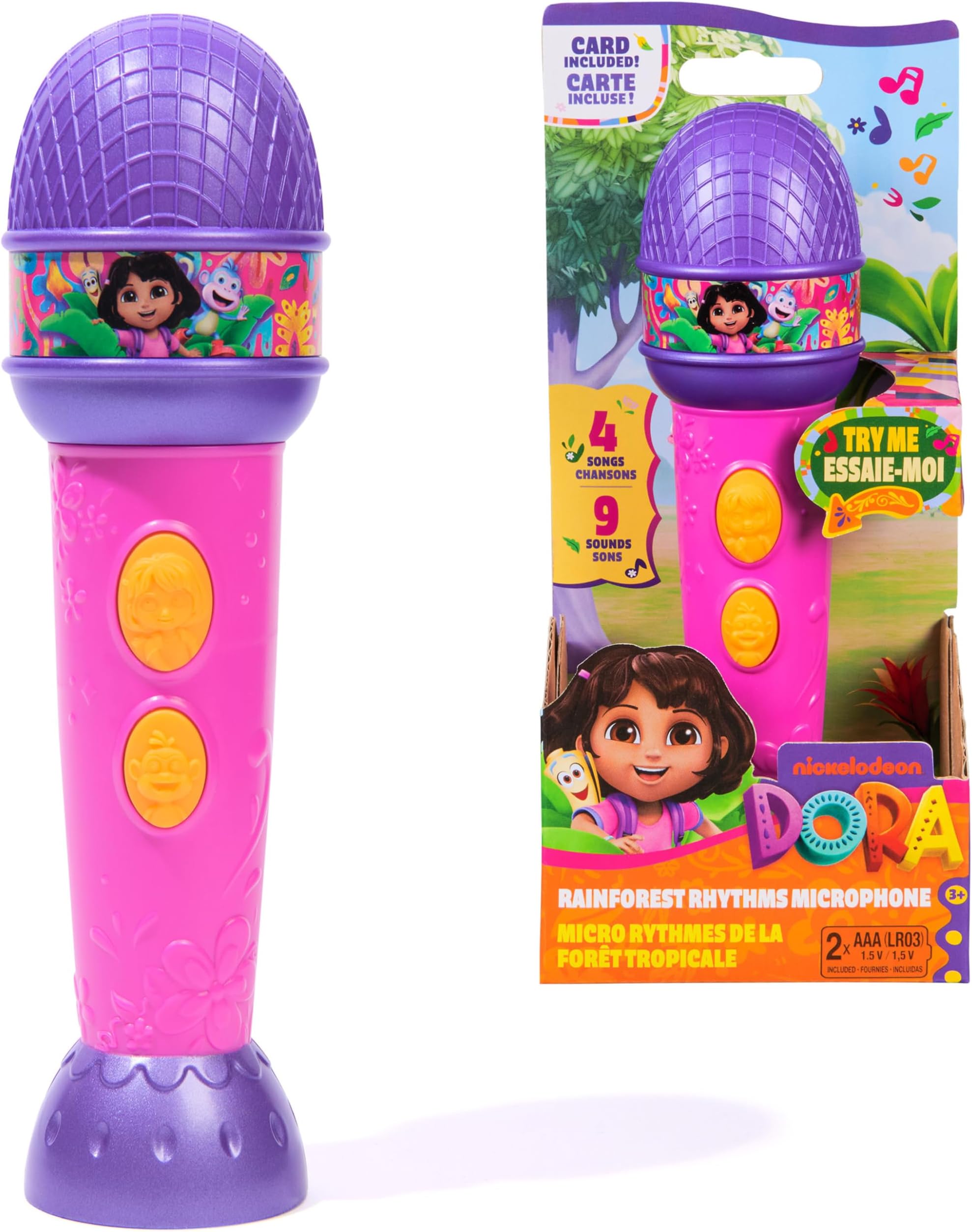 Dora, Rainforest Rhythms Microphone with Music, Sound Fx and Bilingual Phrases, Kids Toys for Girls and Boys Ages 3 and Up