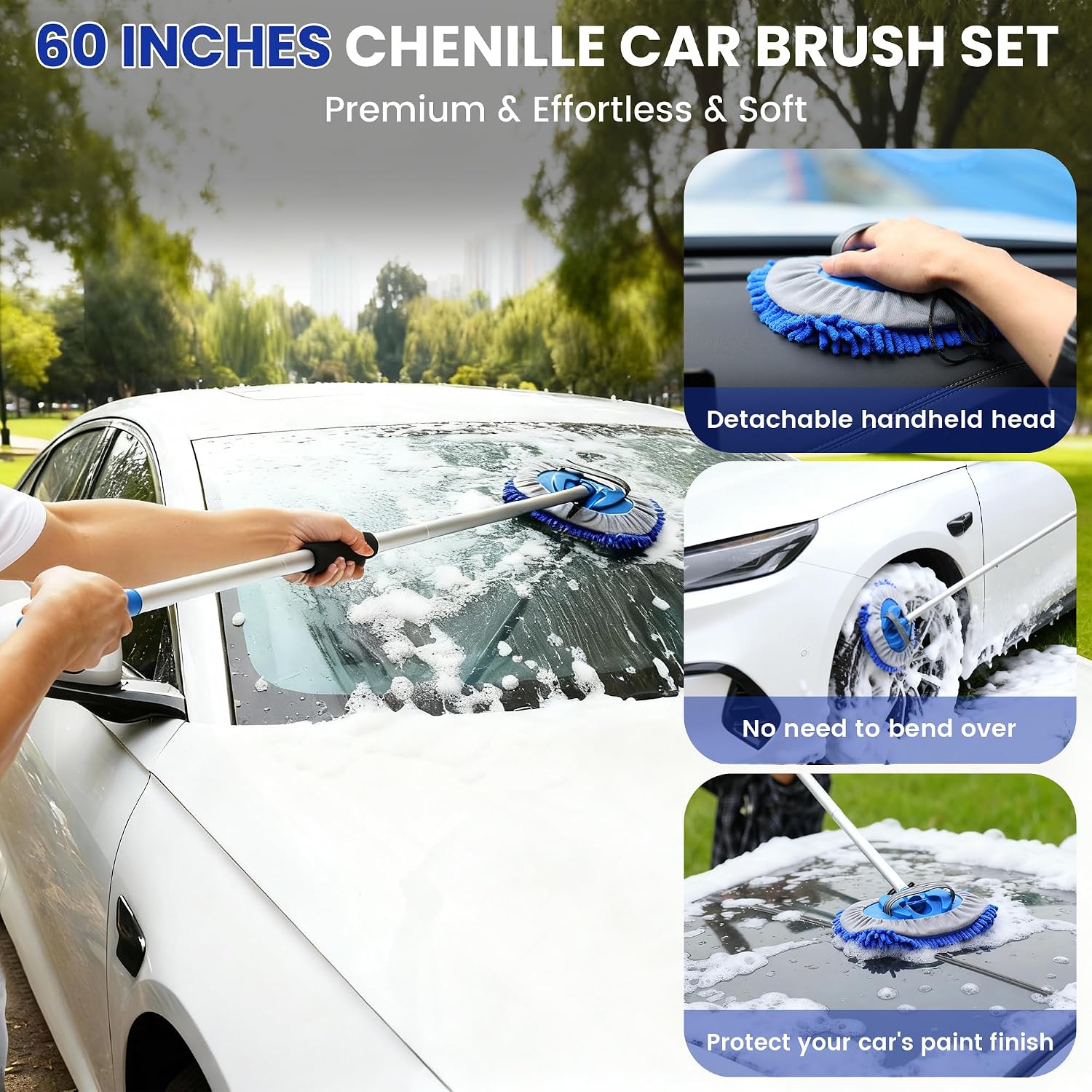 Car Wash Brush with Long Handle, 60'' Car Wash Mop, 7Pcs Chenille Microfiber Cars Washing Kit with Window Squeegee/Microfiber Towels /Wheel Brush for Cars RV Truck Boat Floor Window, Blue