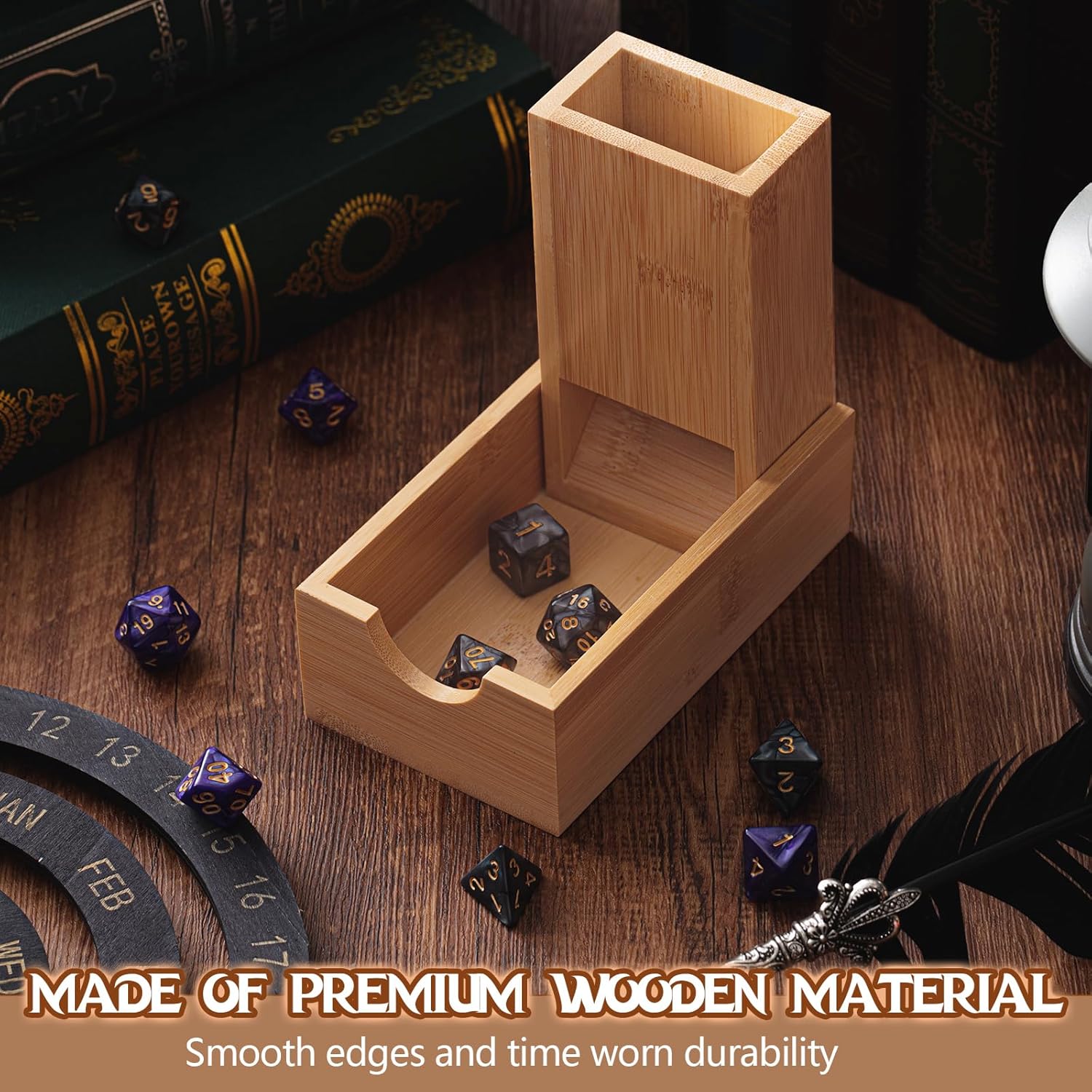 Arrowbash 2 Pcs Dice Tower with 14 Polyhedral Dice Set Foldable Wooden Die Dice Roller Castle Collapsible Rolling Case for Tabletop Games, Board Games