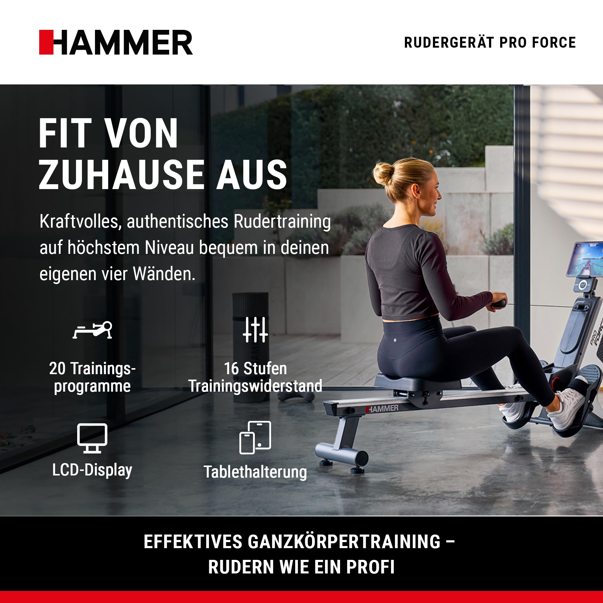 HAMMER Rudergerät Pro Force - platzsparendes, leichtes & hocheffektives Ausdauergerät mit 20 Trainingsprogrammen und Tablet-Halterung, bis 120 kg Nutzergewicht