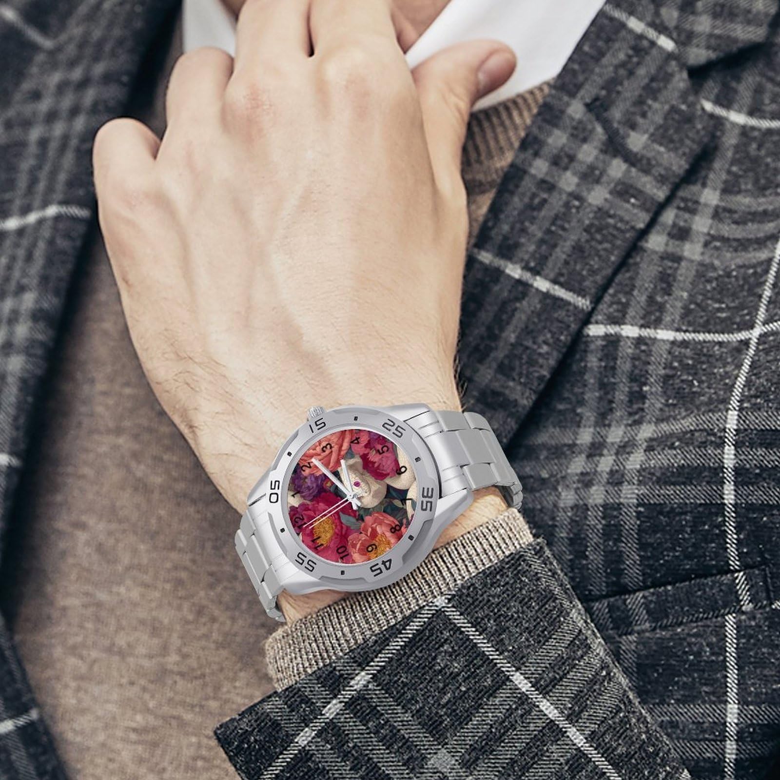 Snake and Flowers Herren Quarzuhr Trendy Edelstahlbänder Leicht Ablesen Minimalistische Armbanduhren Business Daily