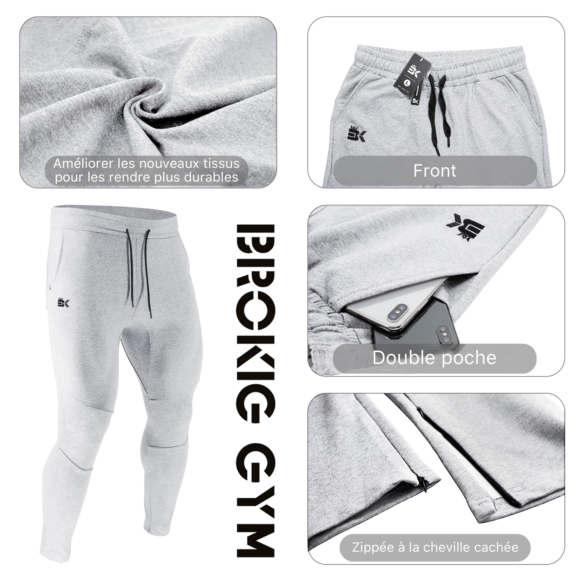 BROKIG Pantaloni sportivi da jogging da uomo a doppia tasca, pantaloni fitness con zip e stretch, per uomo, pantaloni in cotone, grigio, L