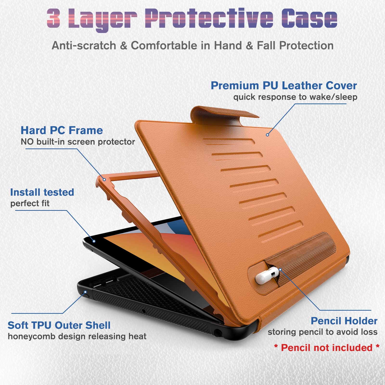 DAORANGE Custodia per iPad 9a/ 8a/ 7a Generazione 10.2 Pollici, Cover in PU-Pelle a Protezione Completa con 7 Angoli Regolabili Magnetico, Tasca per Pencil, Funzione Auto Svegliati/Sonno(Marrone)
