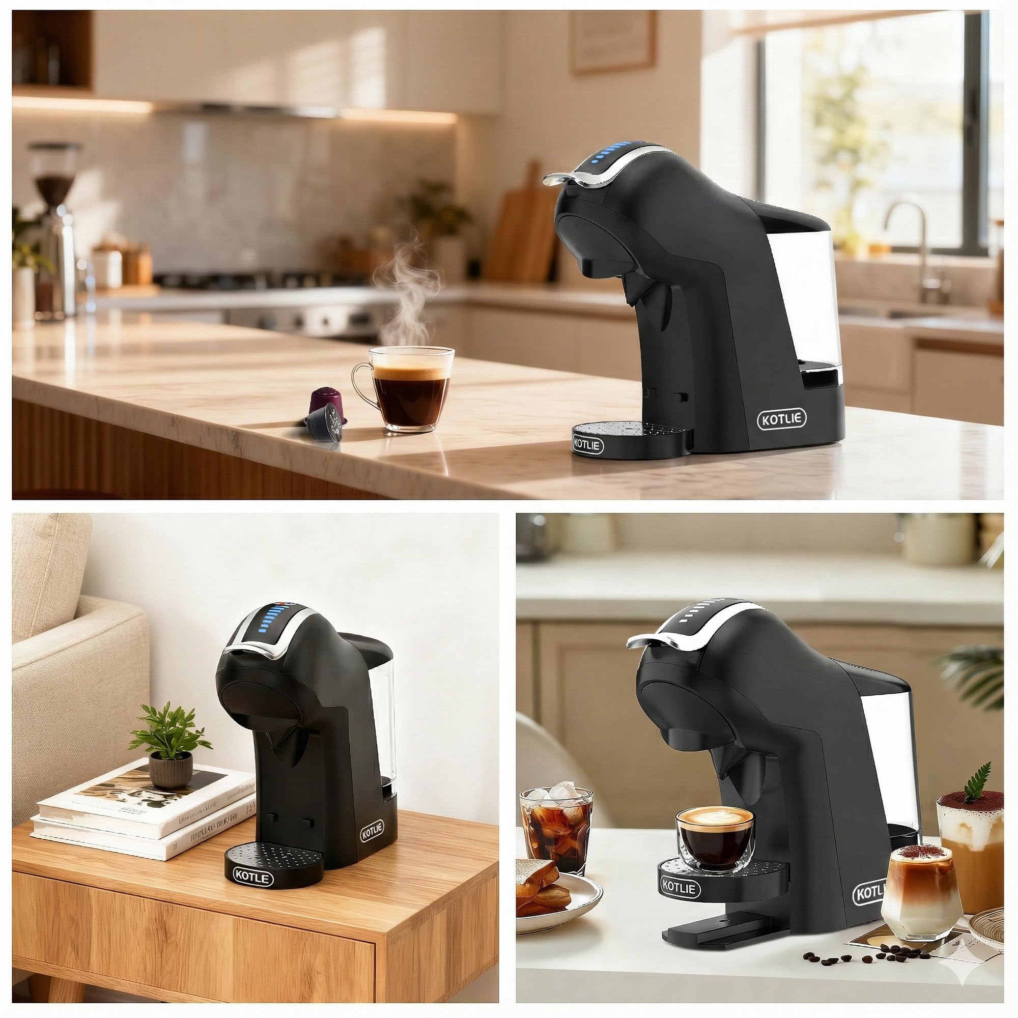 Upgrade Máquina de Cápsulas Café Espresso 5 en 1 19 Bar para Nespresso/Dolce Gusto/LAVAZZA MIO/LOR y Café Molido/ESE, Cafeteras Automáticas Pequeñas con Cápsulas, EM-308B (Negro)
